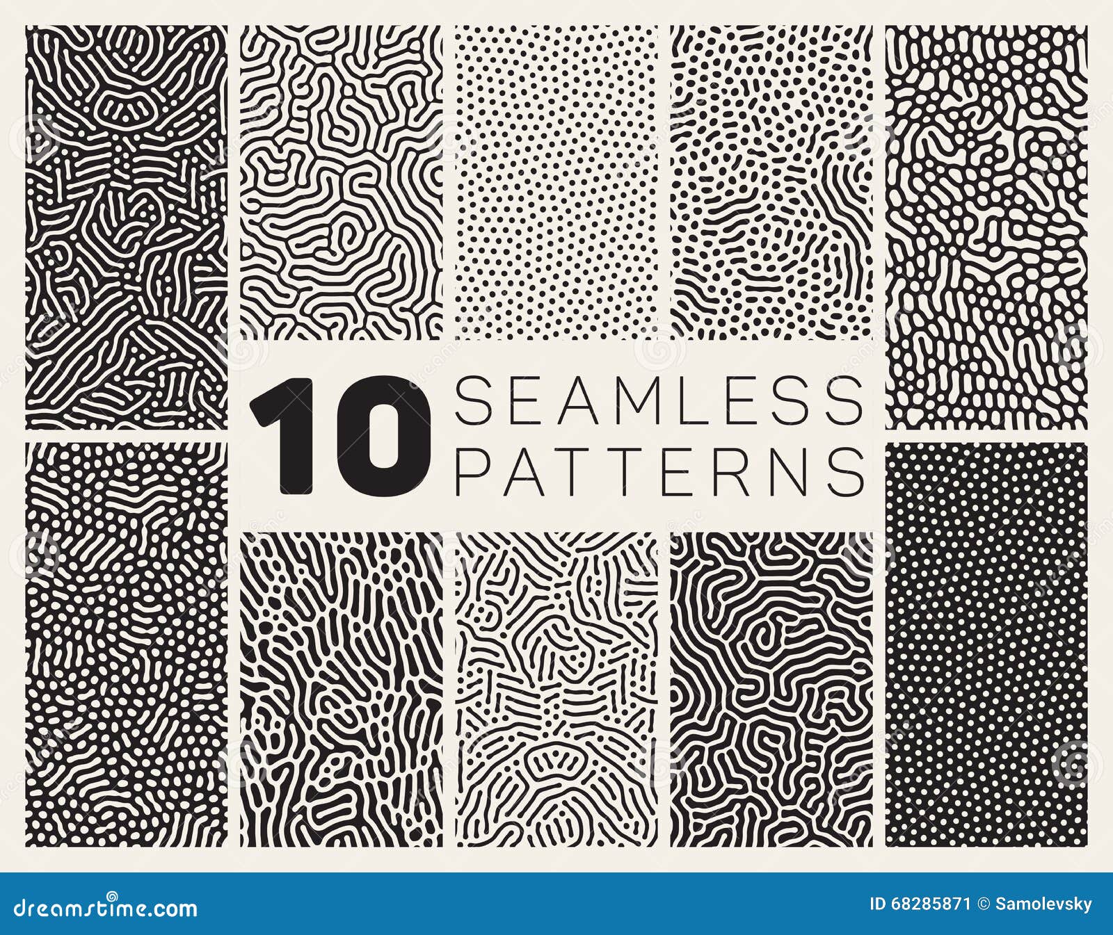 set of ten  seamless black and white organic rounded jumble maze lines patterns