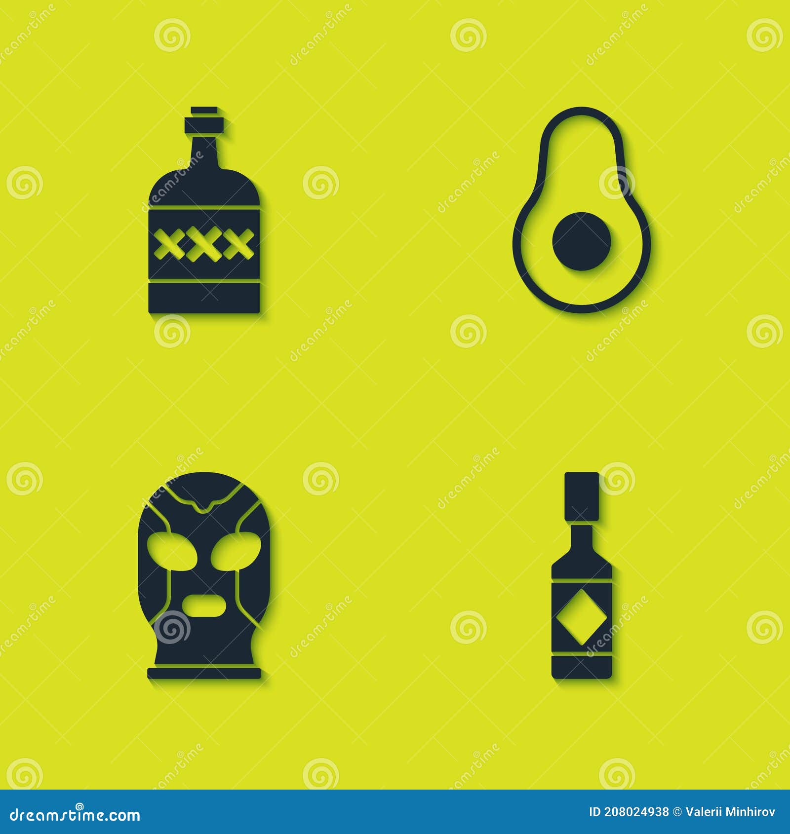Set Tequila Bottle, Tabasco Sauce, Mexican Wrestler and Avocado Fruit