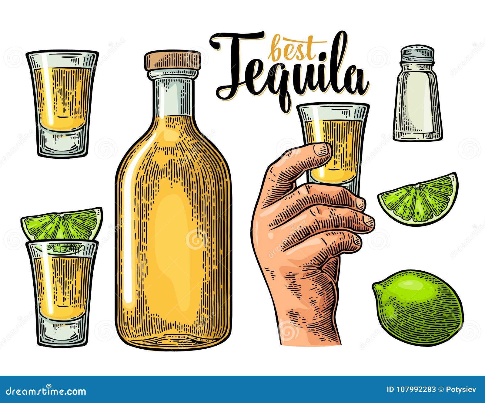 set tequila. hand hold glass, bottle, salt, lime whole and slice.