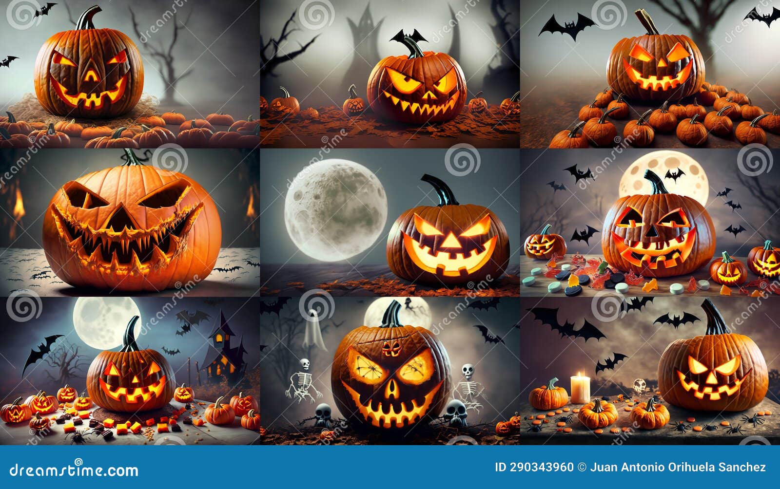 set of terrifying halloween pumpkins surrounded by bats, caravels, ghosts, skeletons and candy. 9 images from generative ai