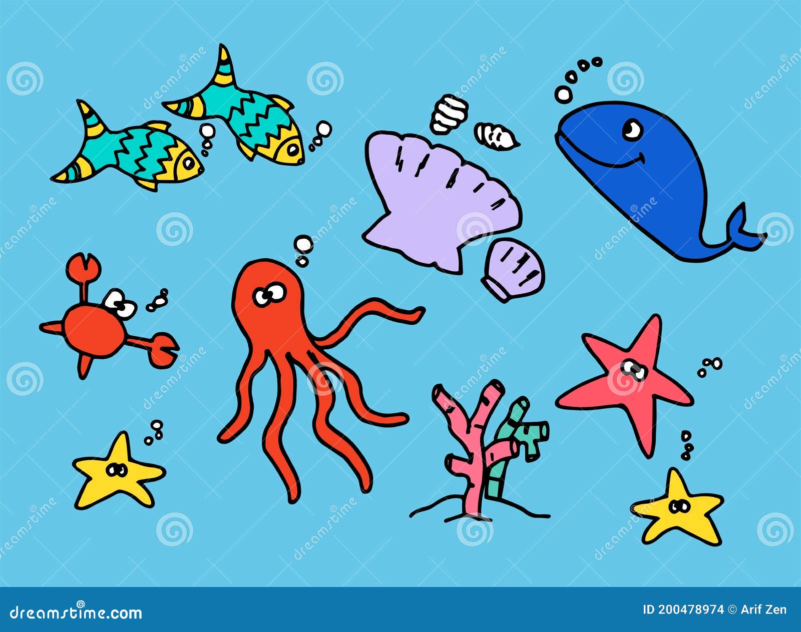 Set of Thin Black Outline Sea Animals, Marine Life Isolated on Blue  Background. Hand Drawn Vector Stock Vector - Illustration of banner, fish:  200478974