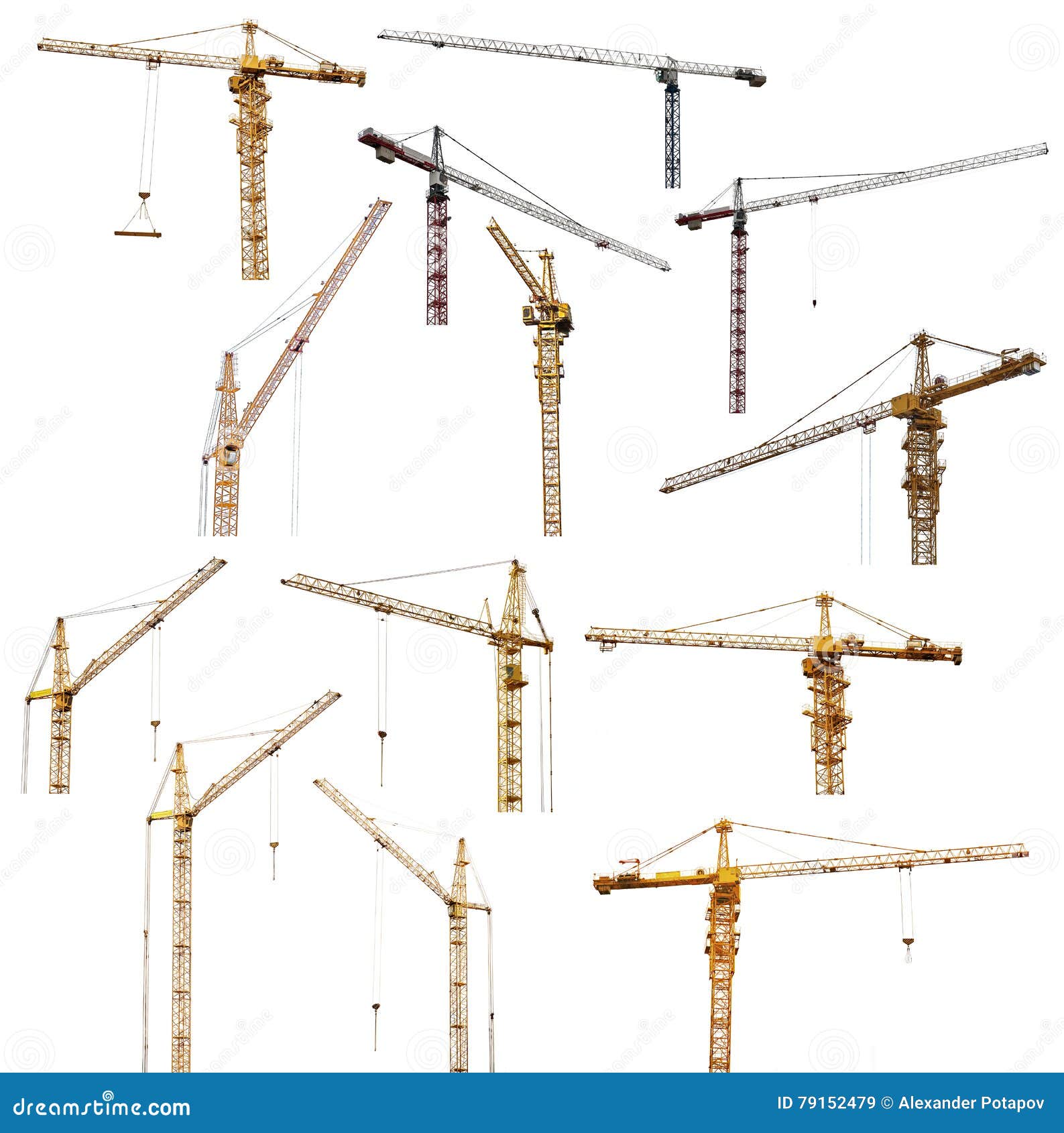 set of thirteen hoisting cranes isolate on white