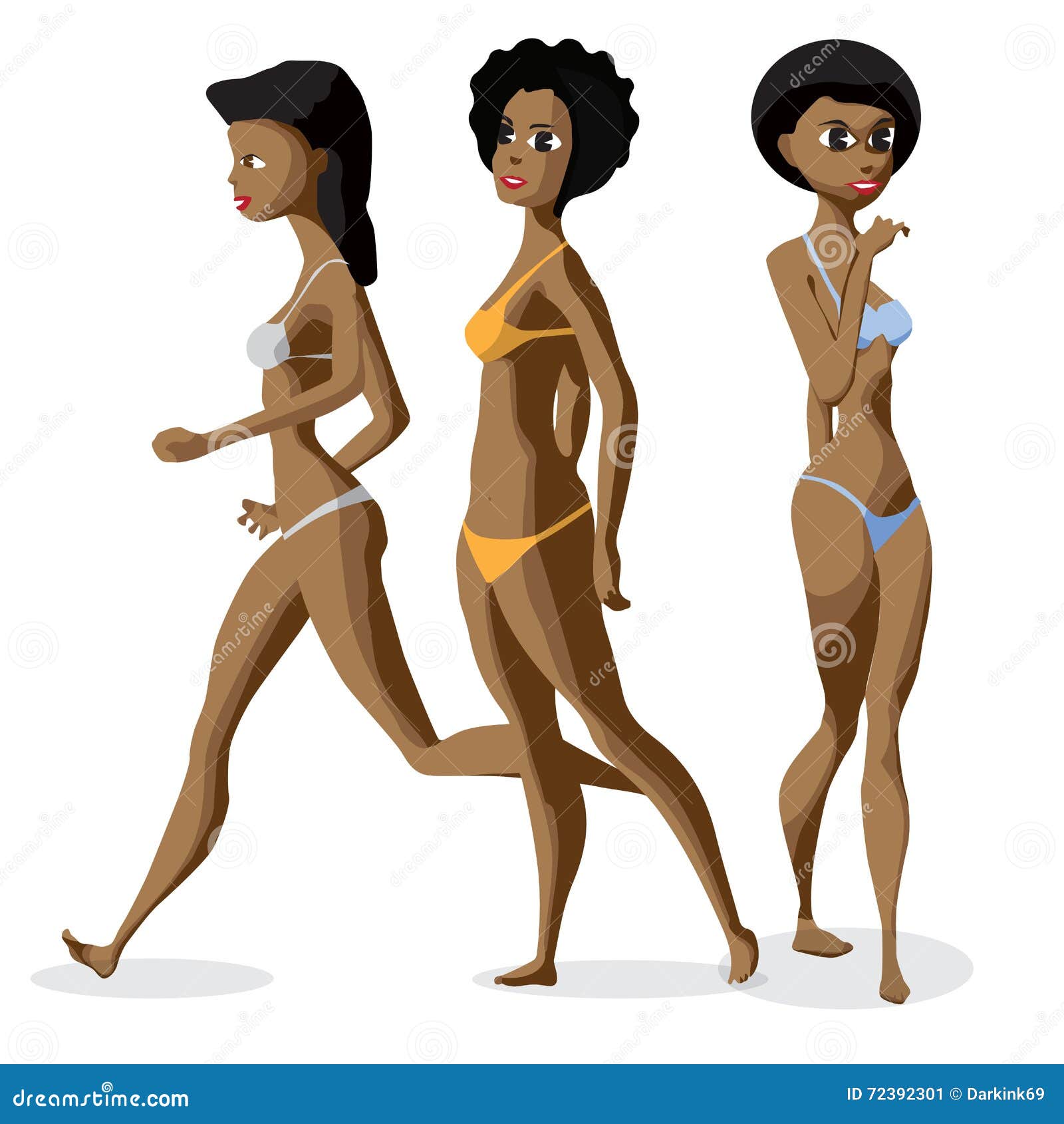 Set three afro black women dressed in swimsuit is standing. flat cartoon illustration. The comic girls on the beach in bikini.