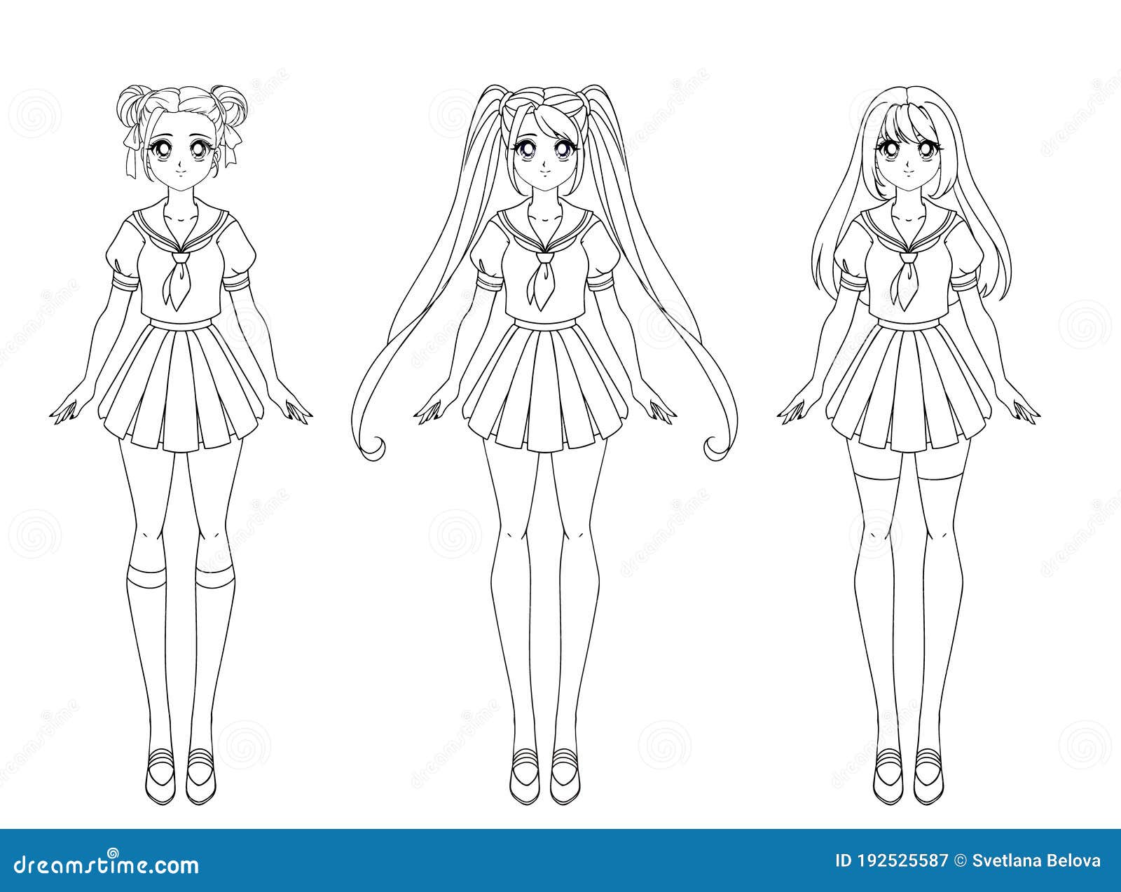 Set of Three Anime Girls. Contour Picture for Coloring Book Stock ...
