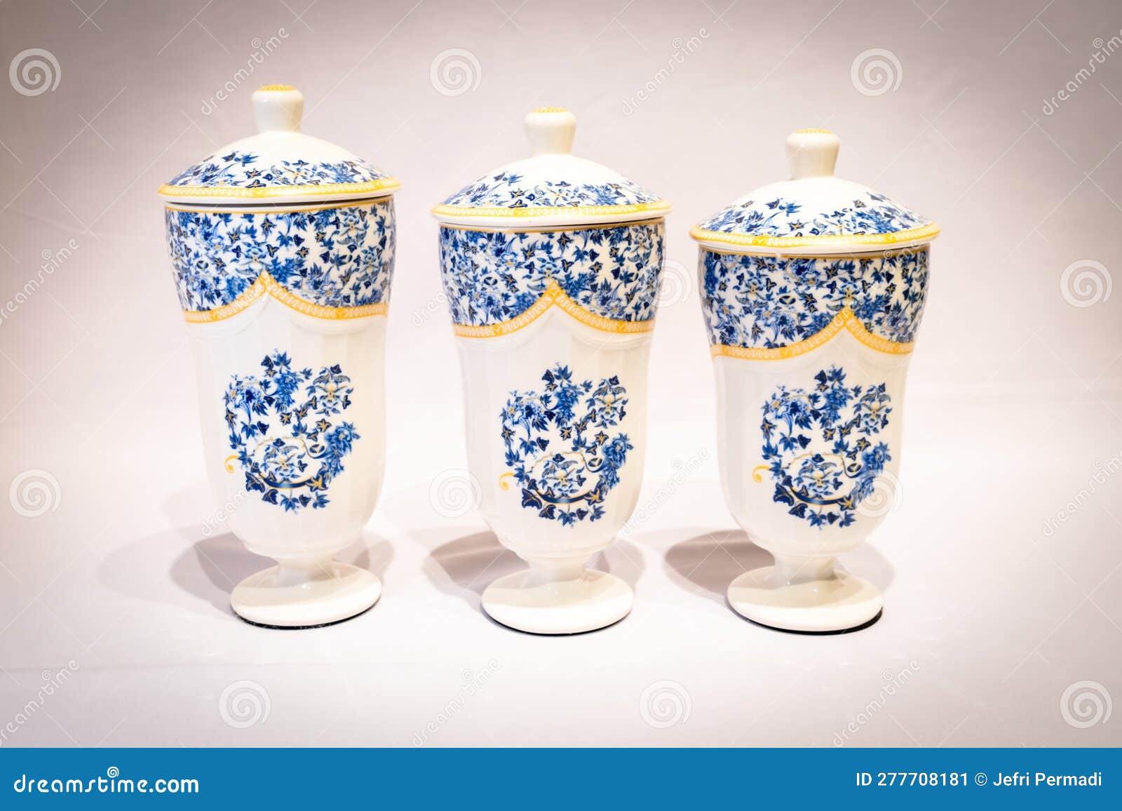 Set of Three Ceramic Jars with Blue Flower Pattern a Charming Storage