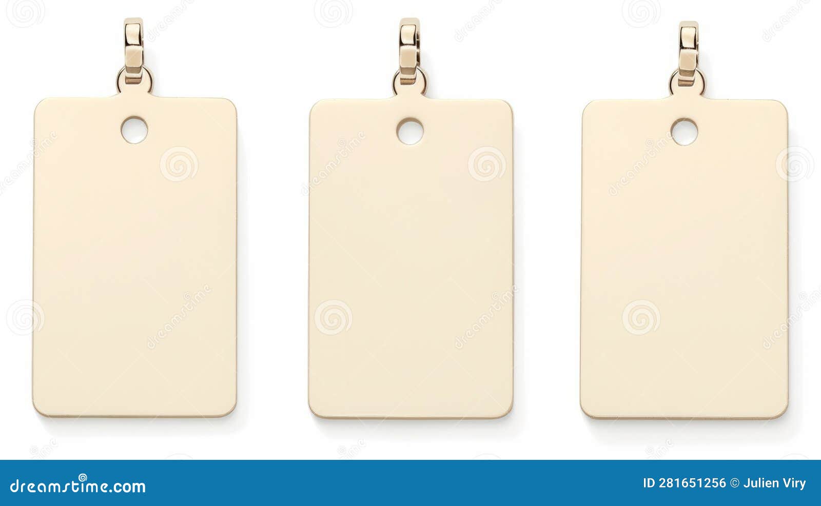 set of three elegant blank hangtags in beige tones  on a white background with copyspace