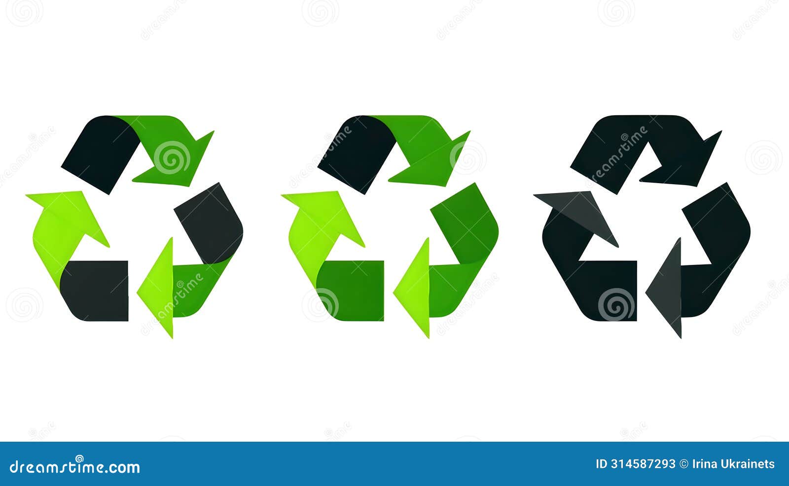 set of three green recycling s in various shades  on white. eco-friendly icons representation. graphic
