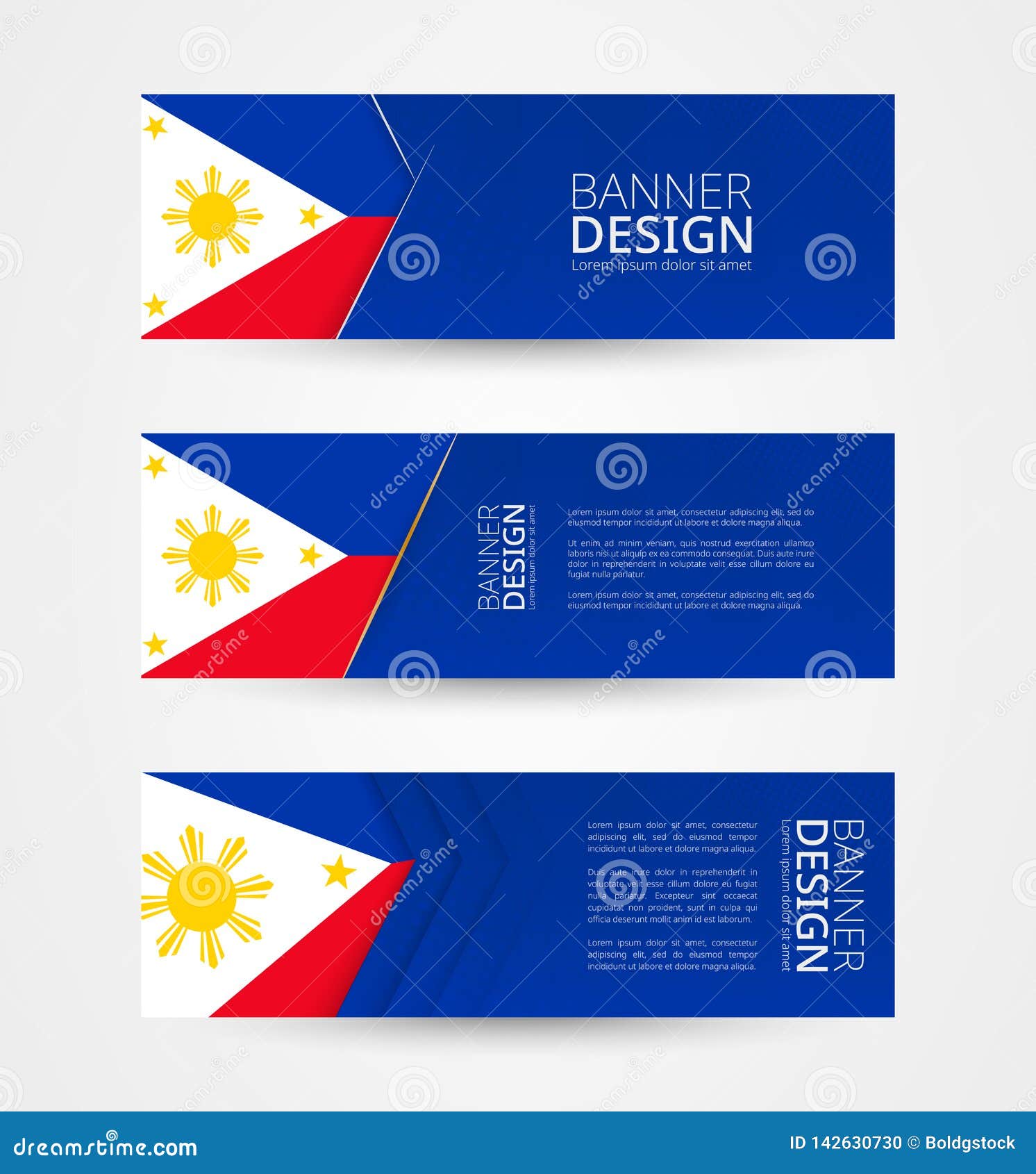Set of Three Horizontal Banners with Flag of Philippines.  Banner Design Template in Color of