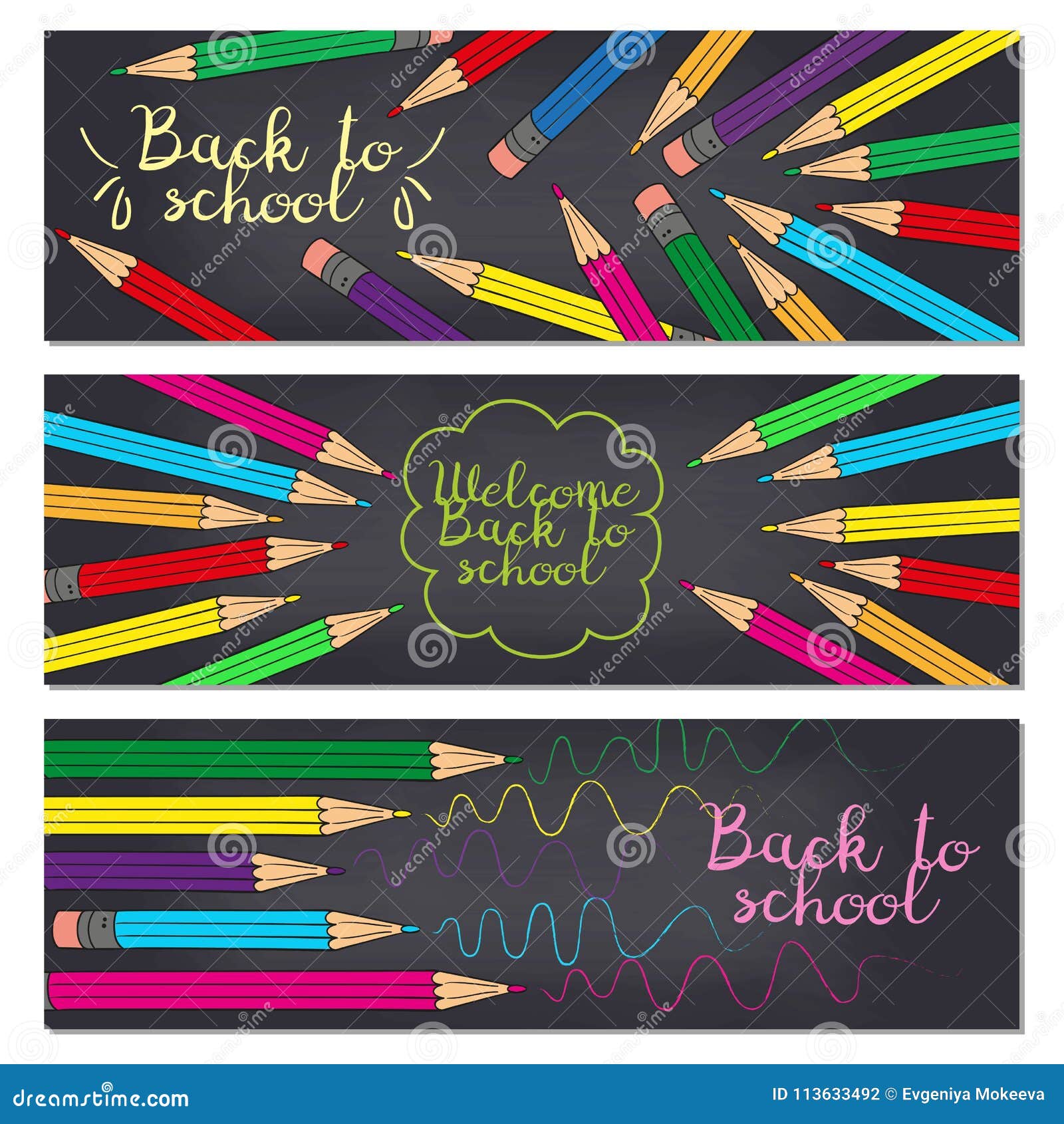 Set of Three Horizontal Banners with Multicolored Pencils. Stock Vector