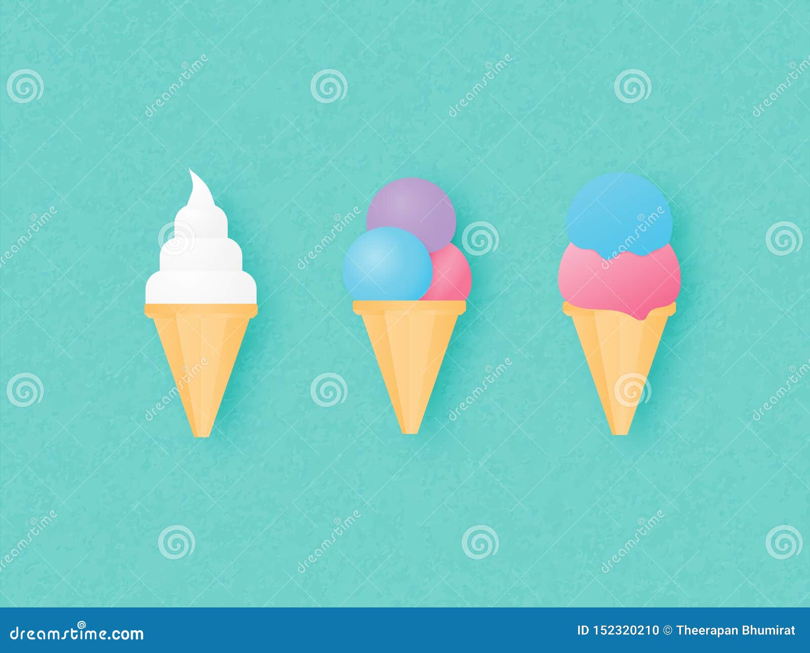 Set of Three Ice Cream Cone on Green Background. Vector Illustration