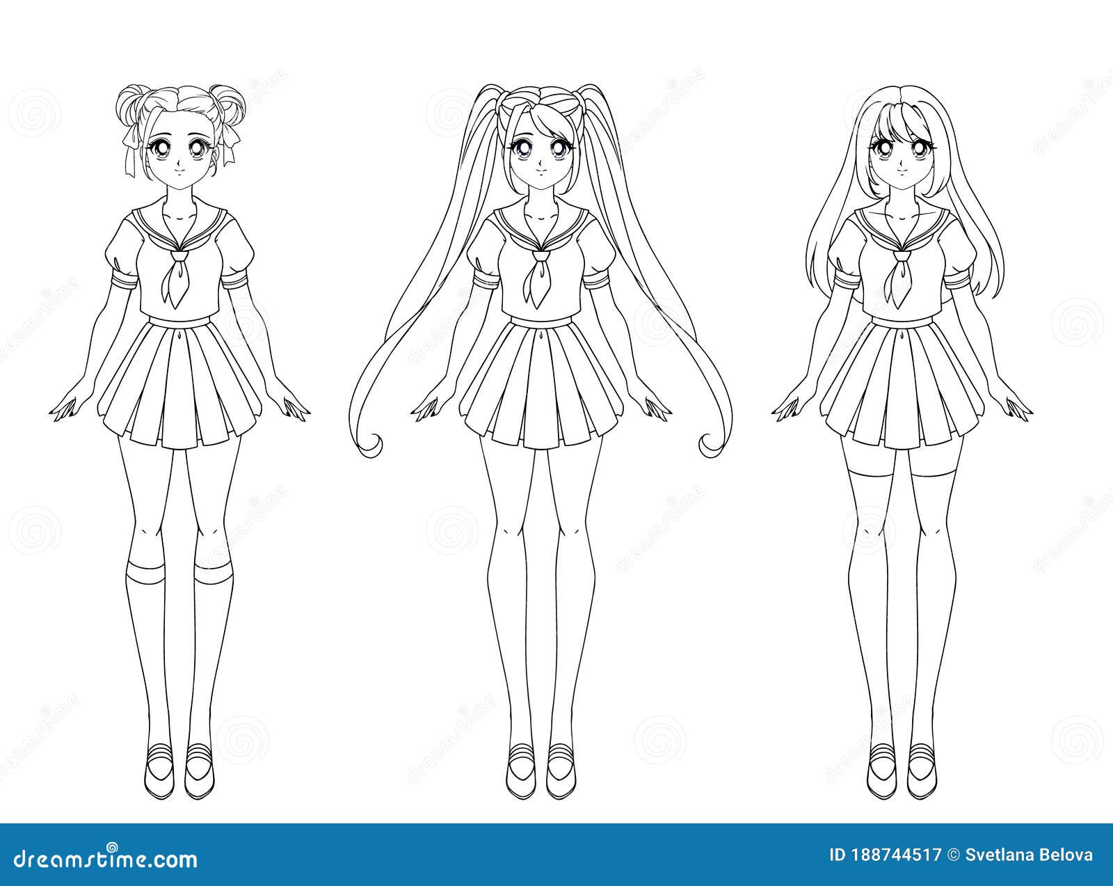 Set of Three Manga Anime Girls with Long Hair Stock Vector - Illustration  of japan, necktie: 188744517