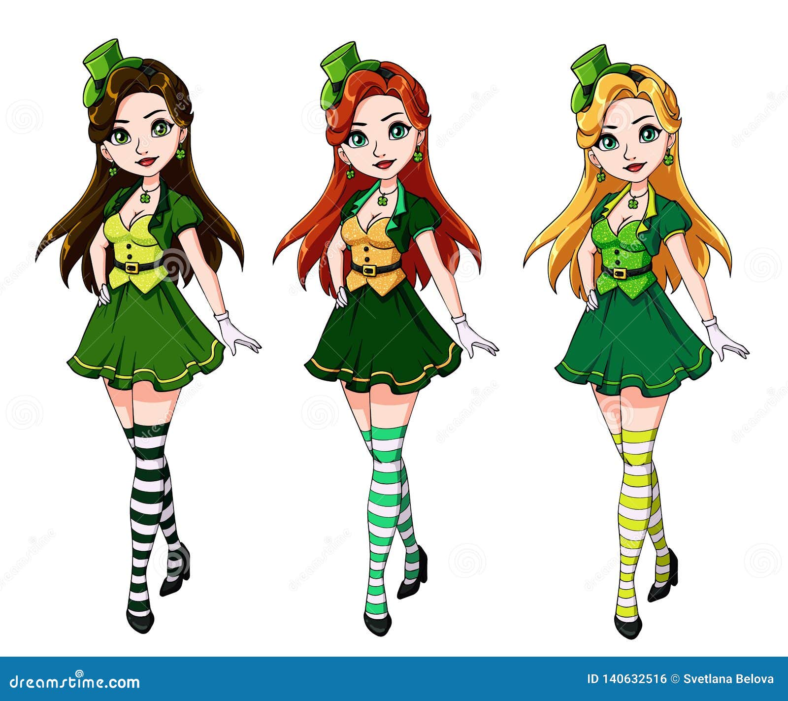 Set of Three Pretty Girls Wearing St. Patrick S Day Costume Stock Vector -  Illustration of cartoon, leprechaun: 140632516