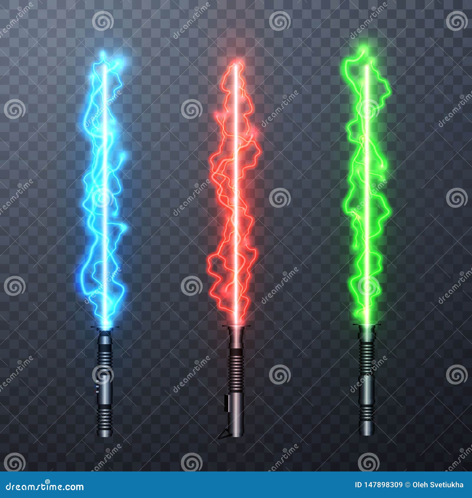 Set of Three Realistic Electric Light Swords Isolated on Transparent