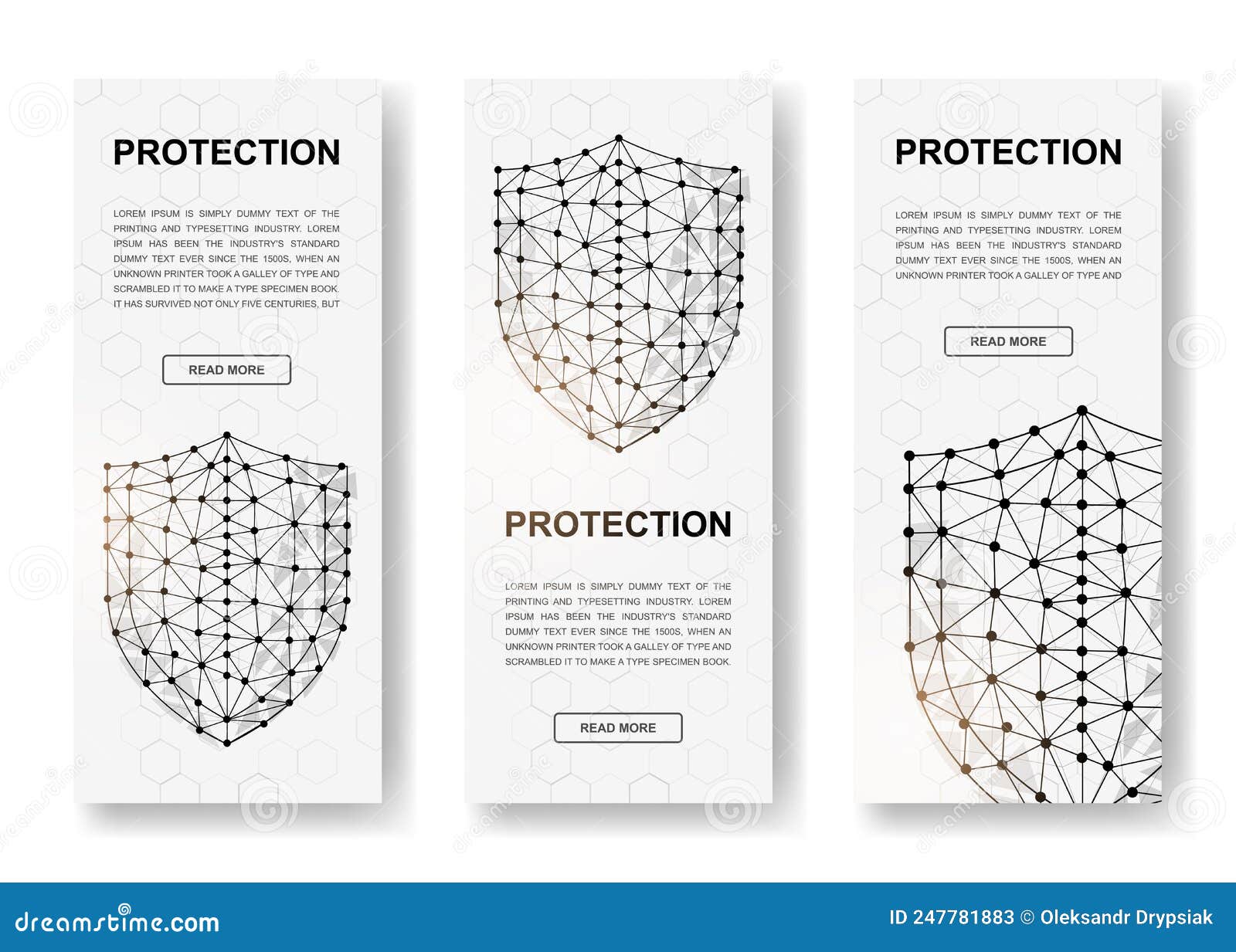 set of three shields polygonal vertical banners. 3d cyber security low poly s with connected dots. vertical