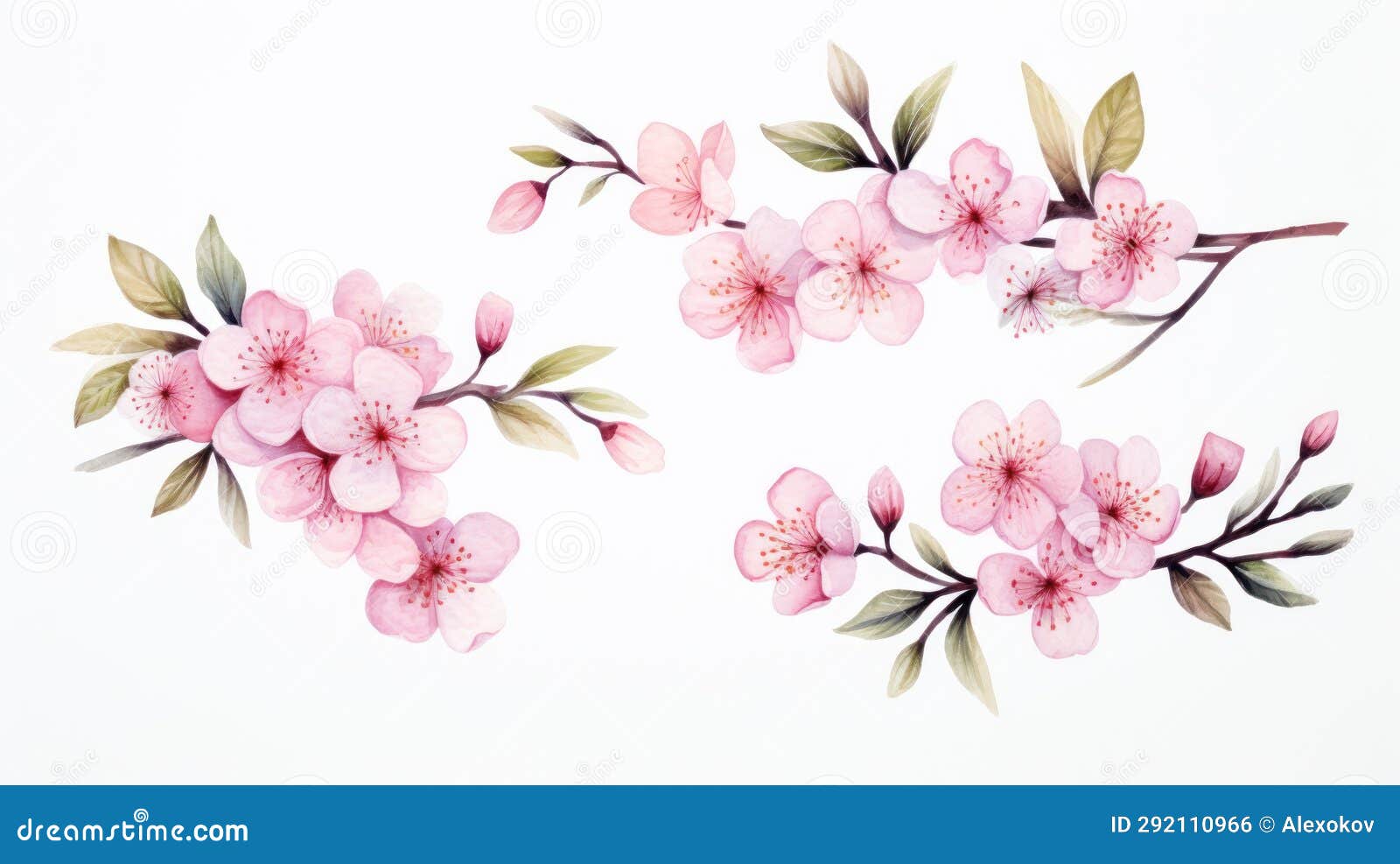 Set of Three Watercolor Cherry Blossom Branches AI Generated Stock