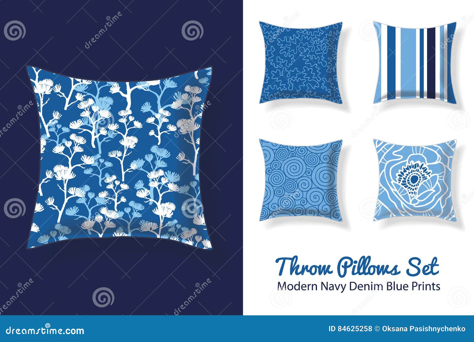 Set of Throw Pillows in Matching Modern Denim Blue and Navy Patterns