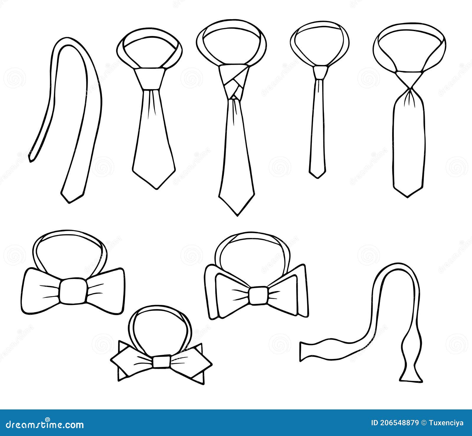 A Set of Ties.Tied and Untied. Unusual Knots and Different Types. Bow