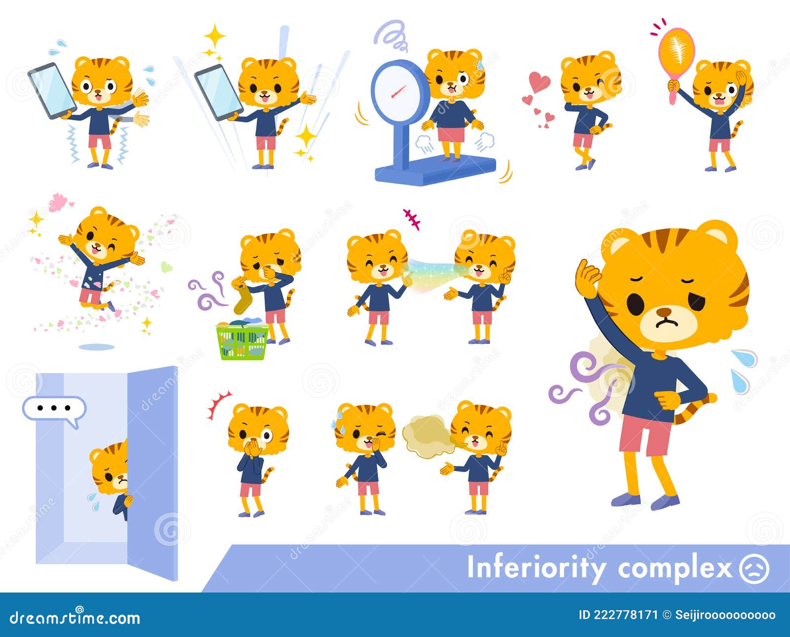 A Set Of Tiger Boy On Inferiority Complex Cartoon Vector ...