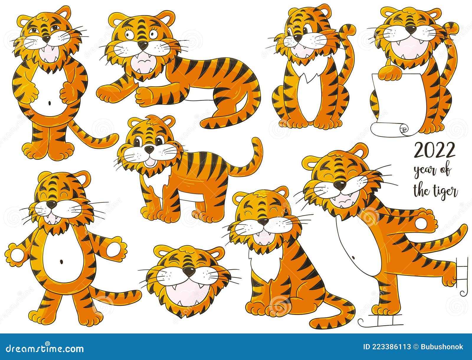 Set Of Tigers In Hand Draw Style Symbol Of Faces Of Tigers Stock