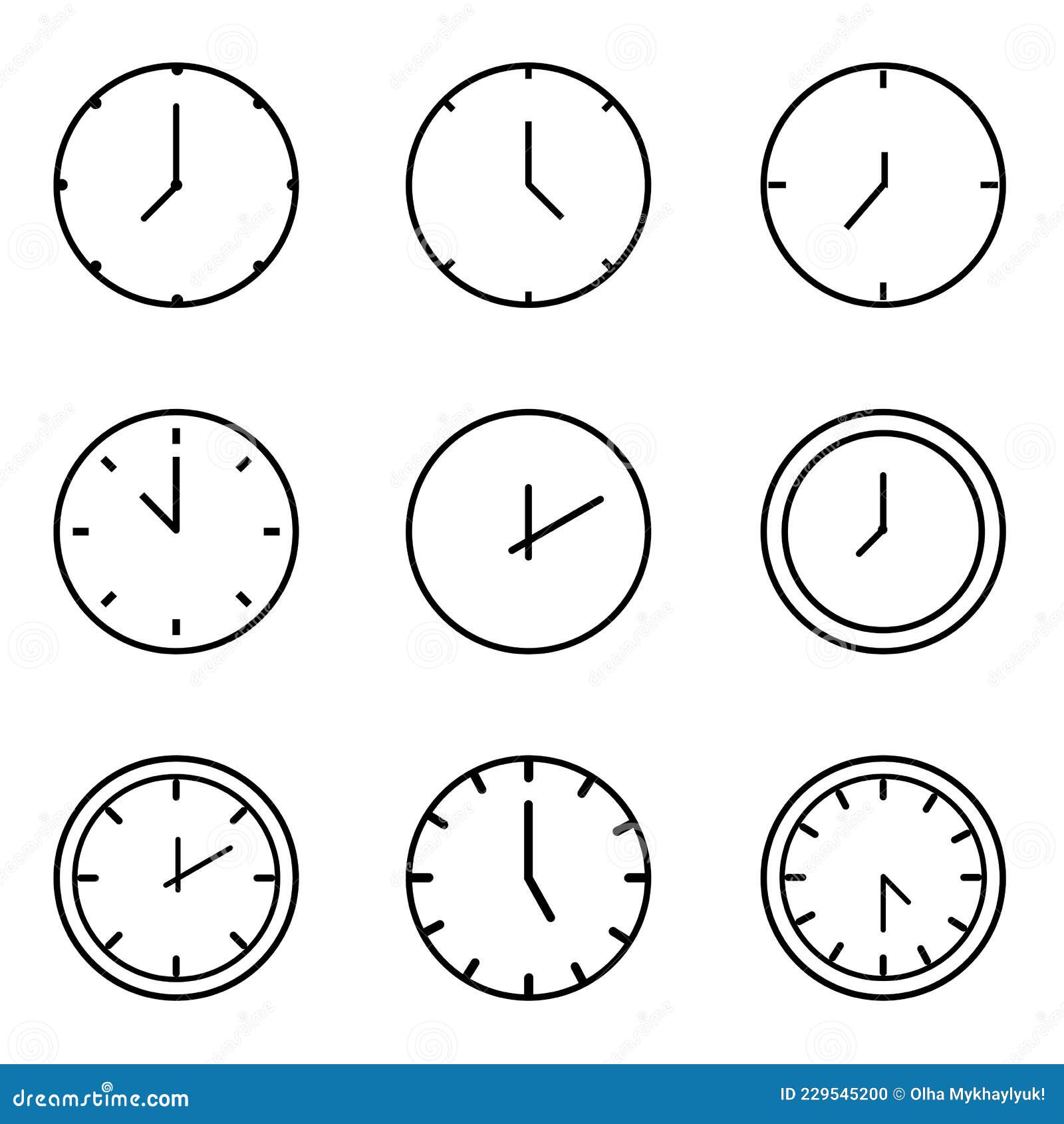 Set of Time, Clock, Watch, Timer Vector Simple Outline Icons for 