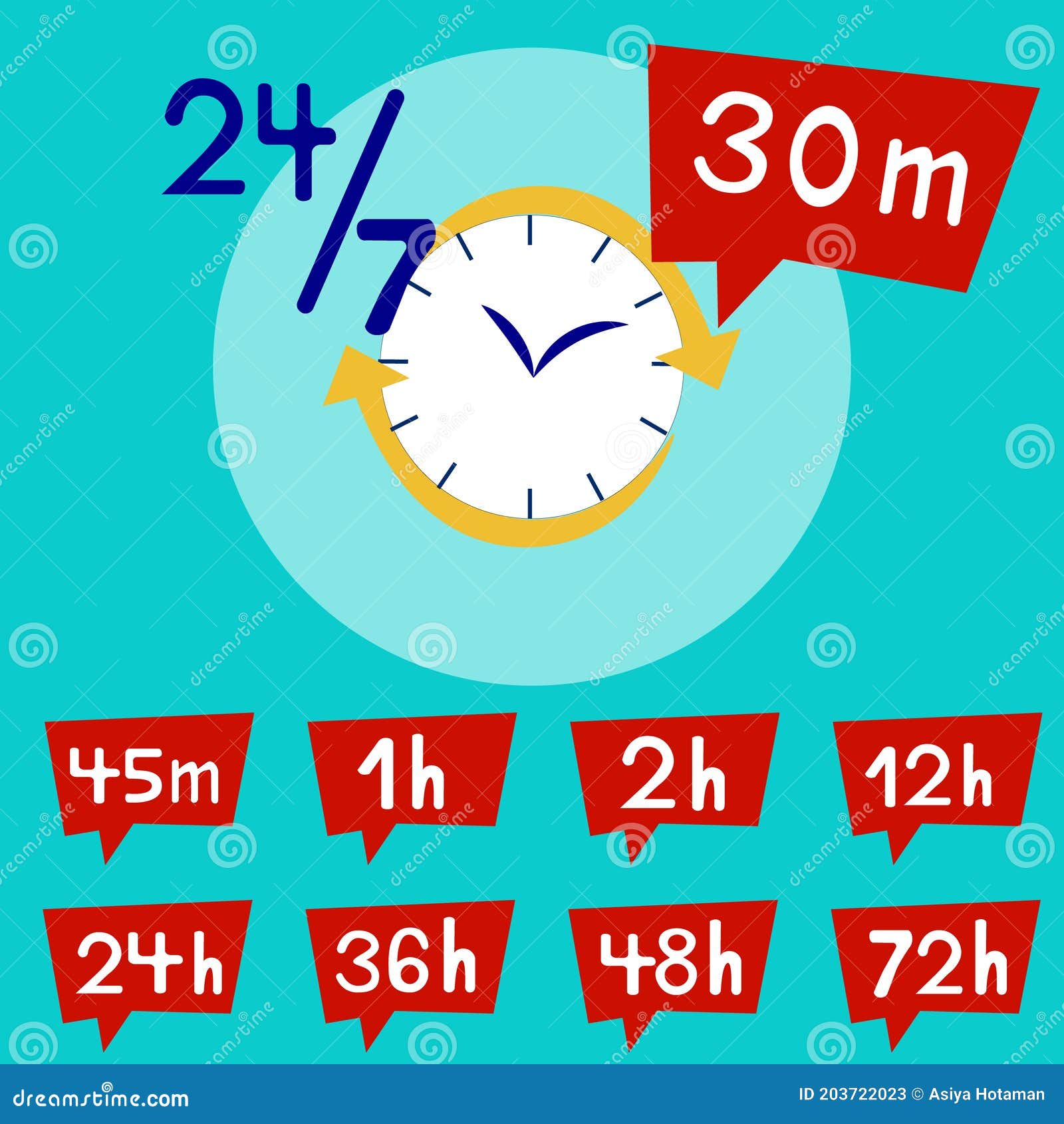 Set of Time Icons, Arrow Hours 1, 2, 12, 24,48 and 72, and Minutes 30, 45. Delivery Service Time