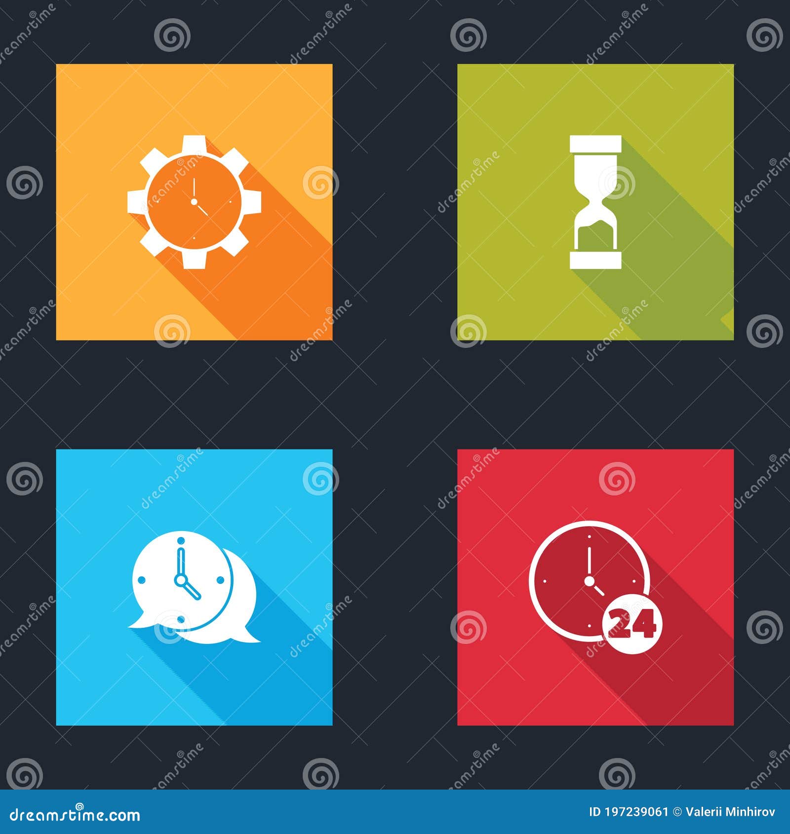 Set Time Management, Old Hourglass, Clock Speech Bubble and 24 Hours