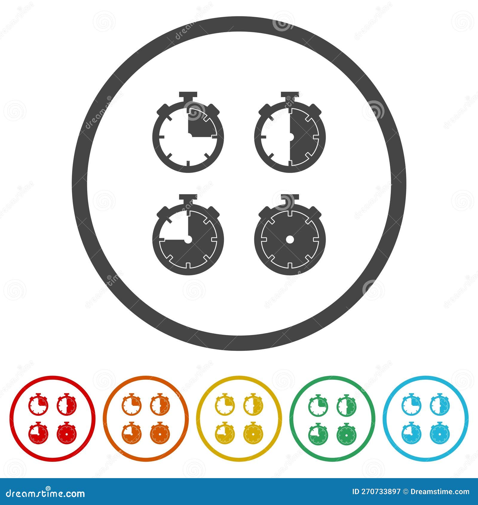 Set of Timer Icons in Color Circle Buttons Stock Vector Illustration