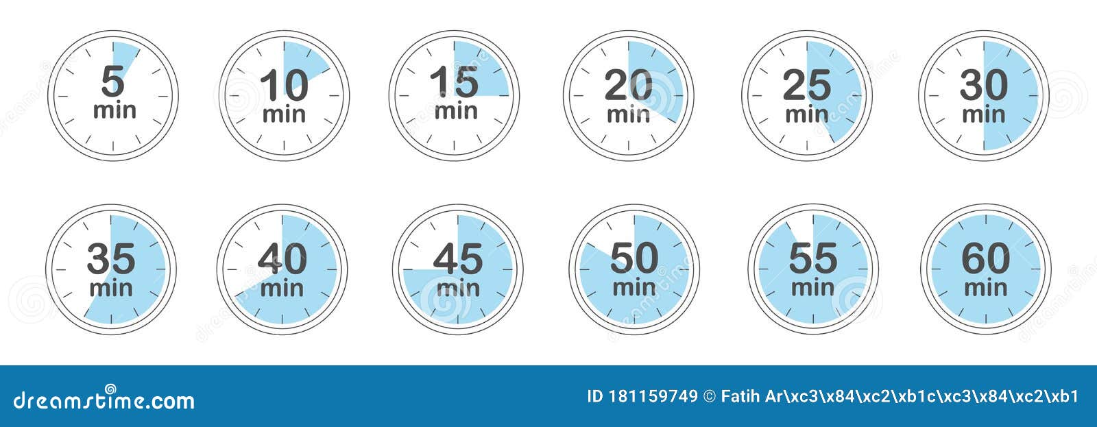 Set of Timers. 5, 10, 15, 20, 25, 30, 35, 40, 45, 50, 55, and 60 Minutes.  Countdown Timer Icons Set. Isolated Vector Illustration. Stock Vector -  Illustration of hour, minutes: 181159749