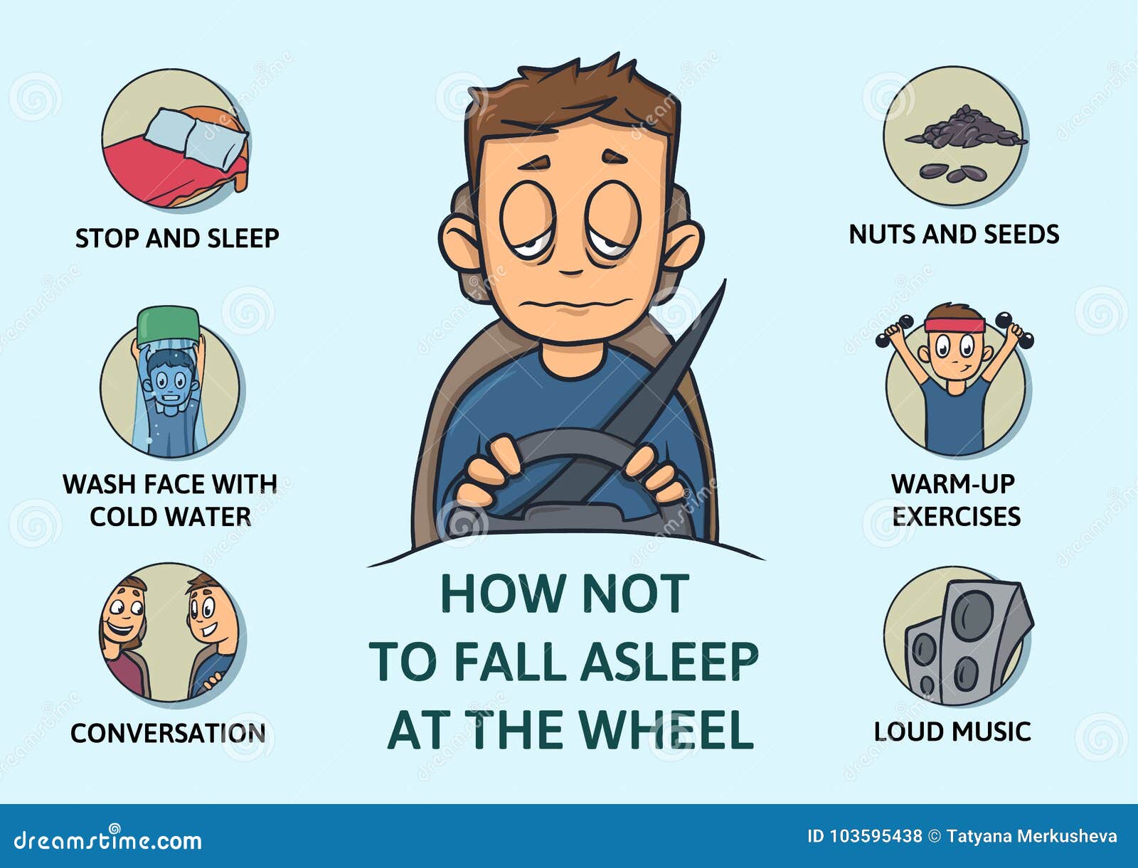 set of tips to stay awake while driving. sleep deprivation.