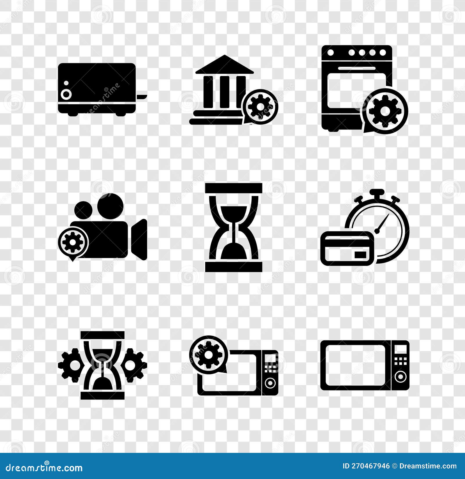 Set Toaster, Bank Building Setting, Oven, Hourglass, Microwave Oven and