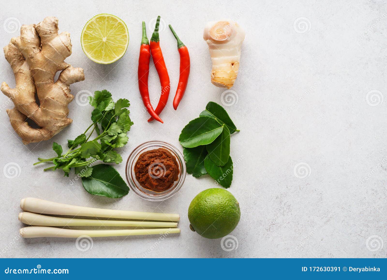 Set Of Tom Yum Soup Basic Ingredients On Light Gray Background Stock
