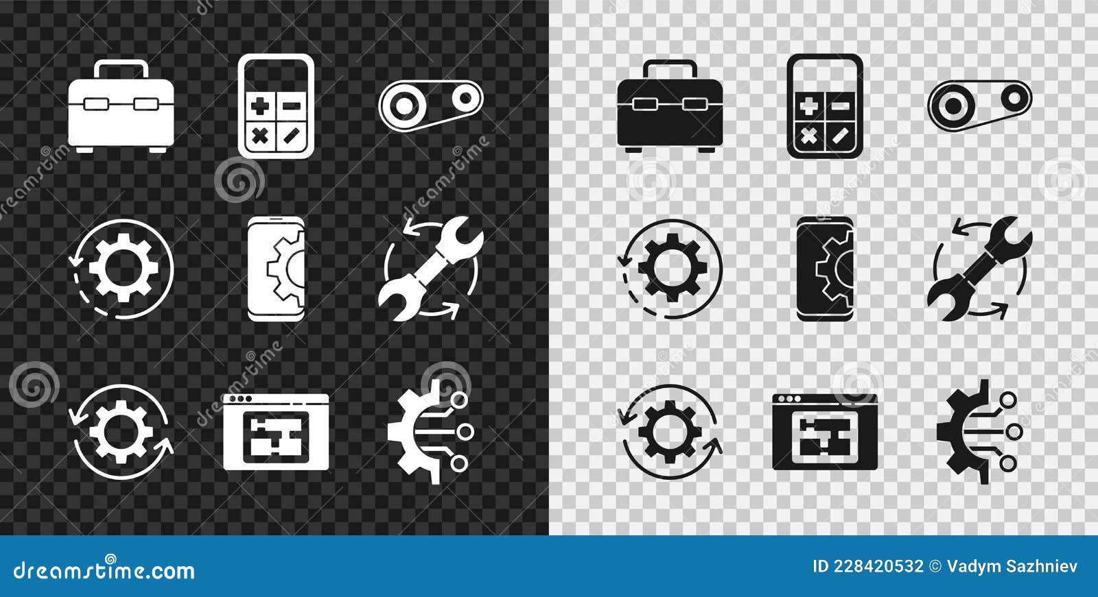 Set Toolbox, Calculator, Timing Belt Kit, Gear and Arrows As Workflow