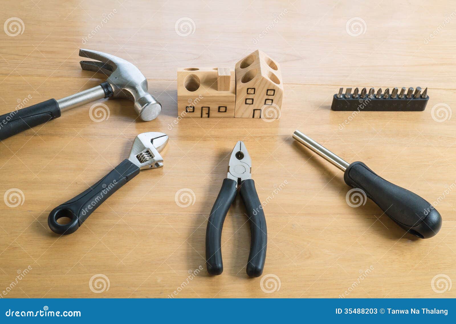 Set Of Tools And Handmade Wood House Toy. Stock Photos 