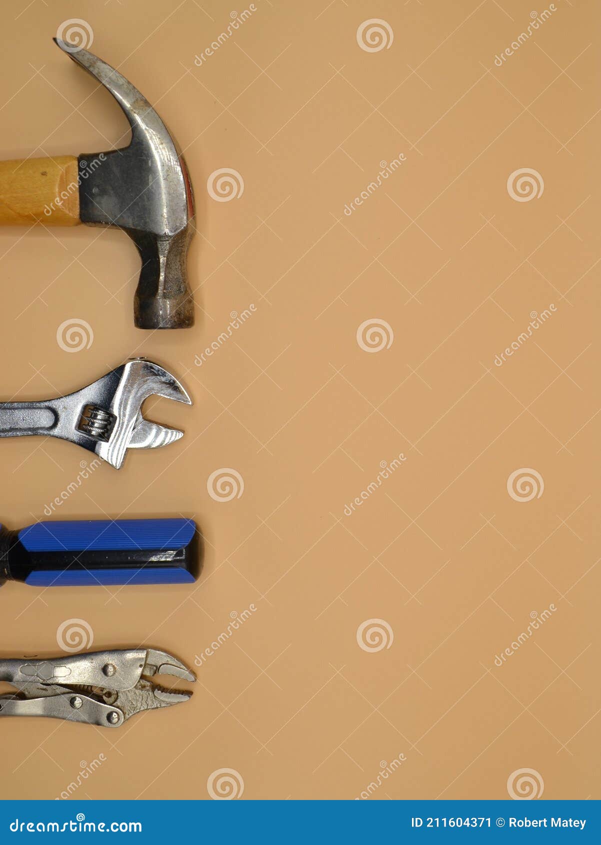 Set of Tools Including a Hammer Crescent Wrench Screwdriver and Pliers