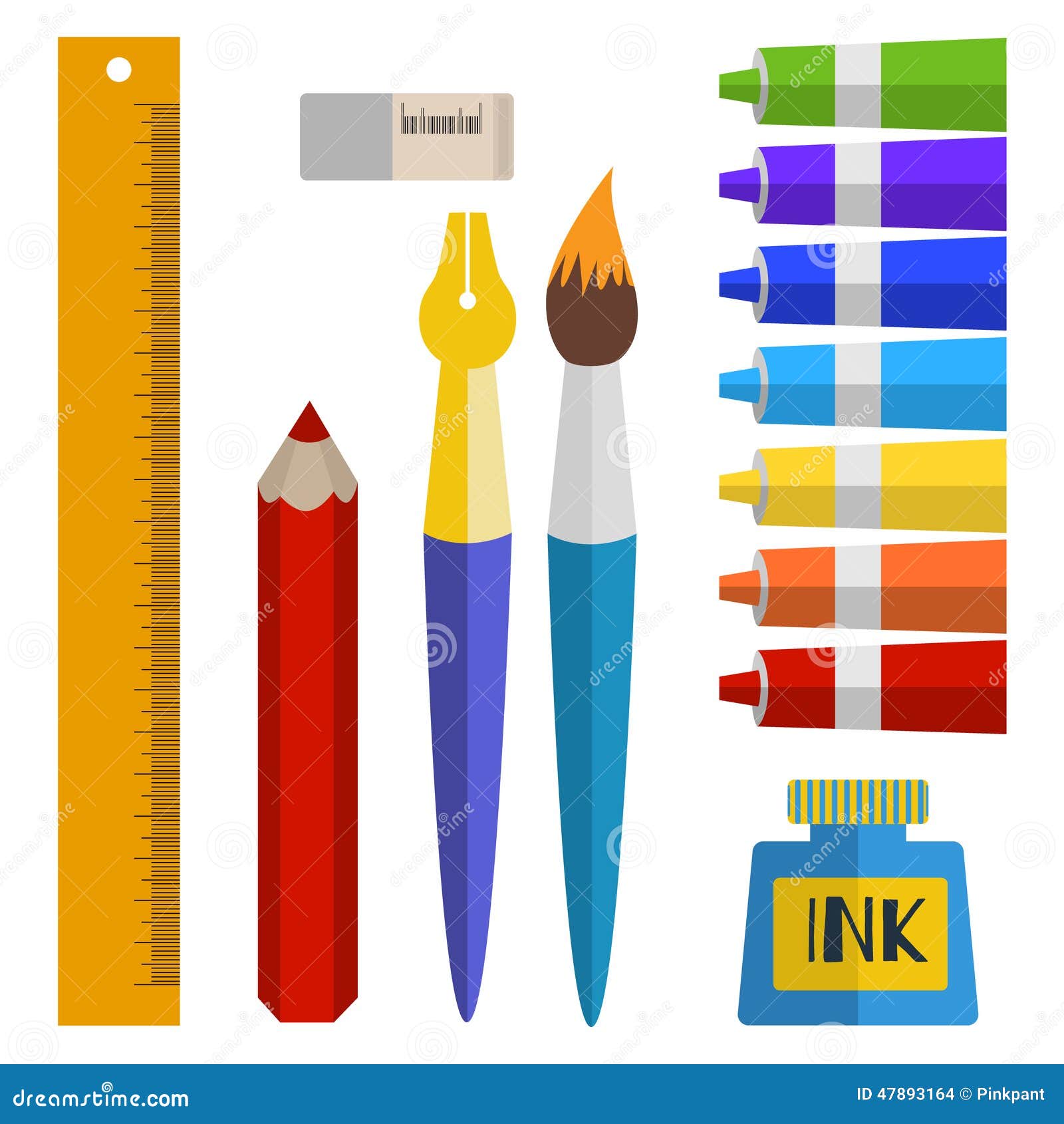 Set of Tools and Materials for Drawing. Paints in Tubes, Brush, Pen