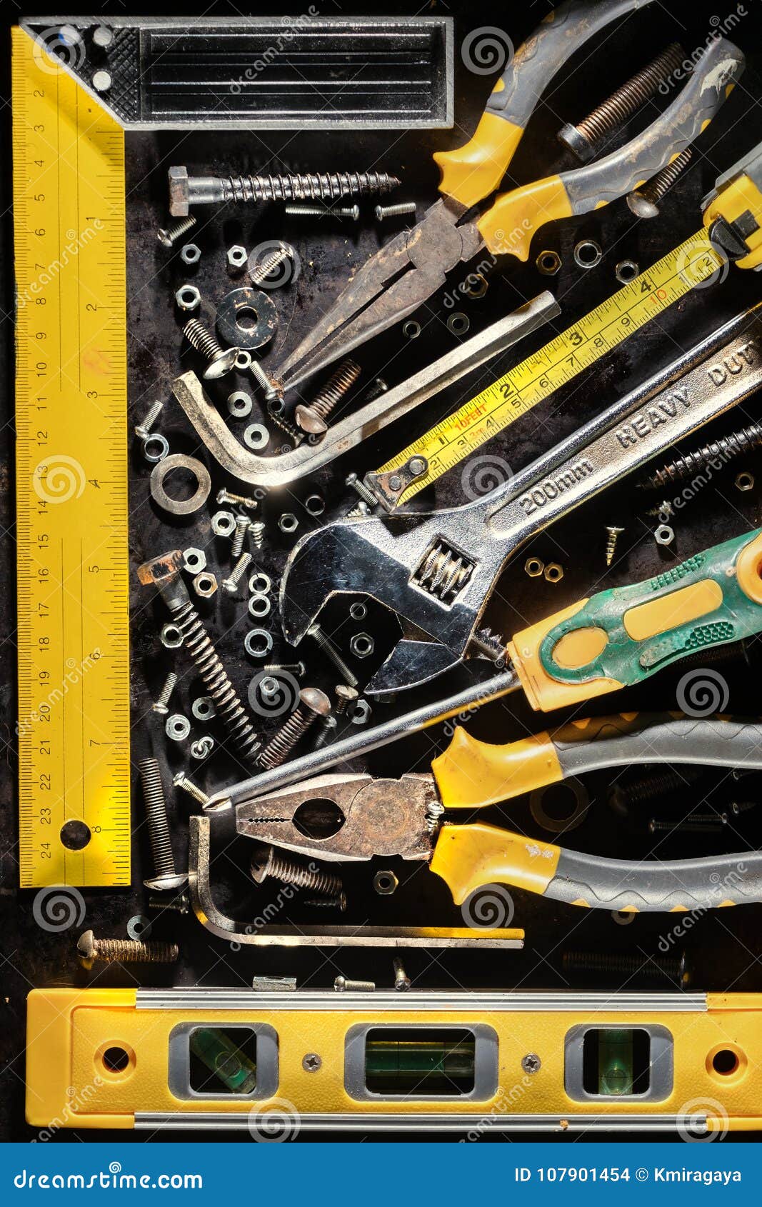 Tools, Screws and Nuts on a Metallic Background Stock Photo Image of
