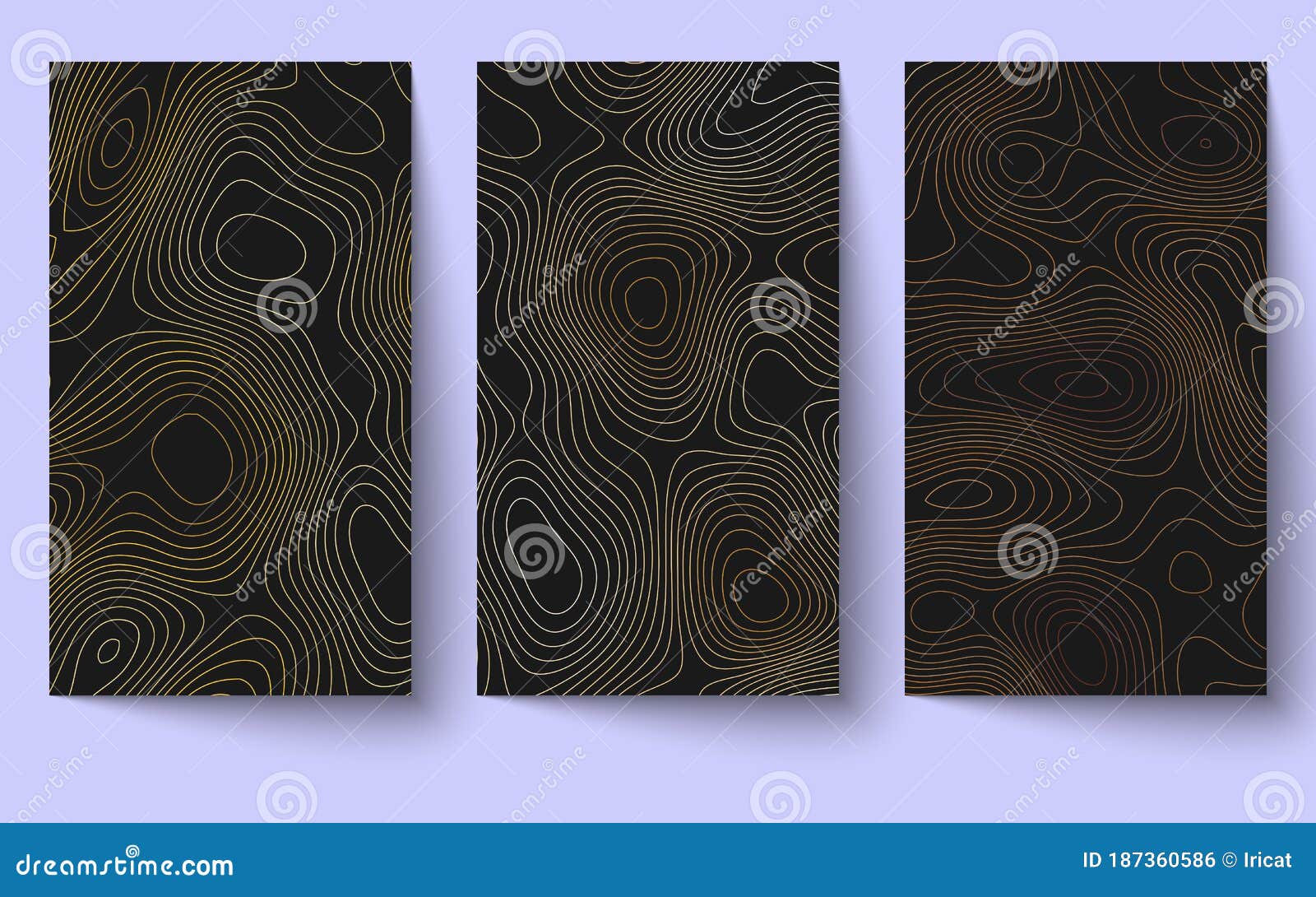 set of topographic map vertical background. topographical style lines pattern. abstract gold contours on dark backdrop