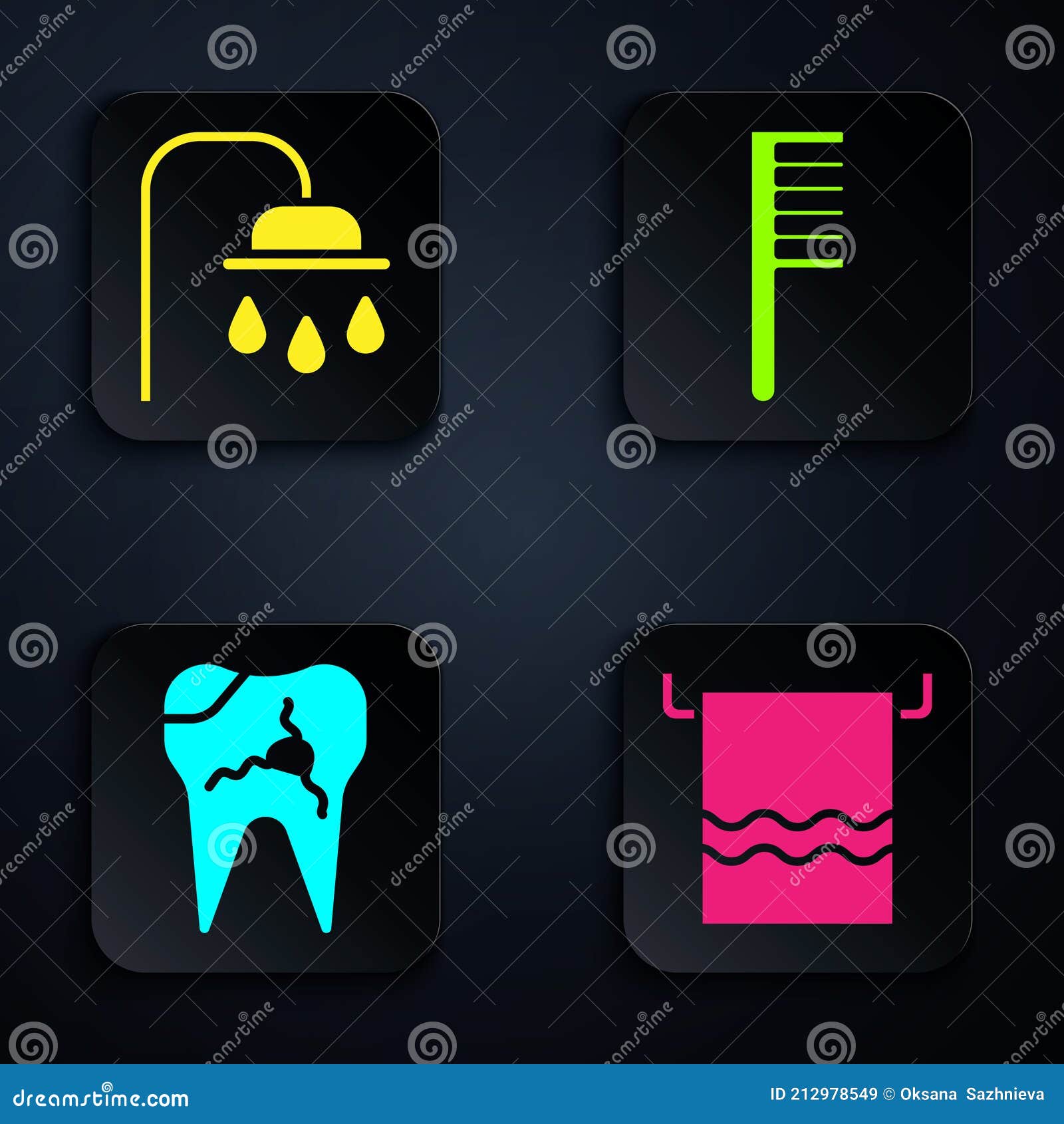 Set Towel on a Hanger, Shower Head, Broken Tooth and Hairbrush. Black