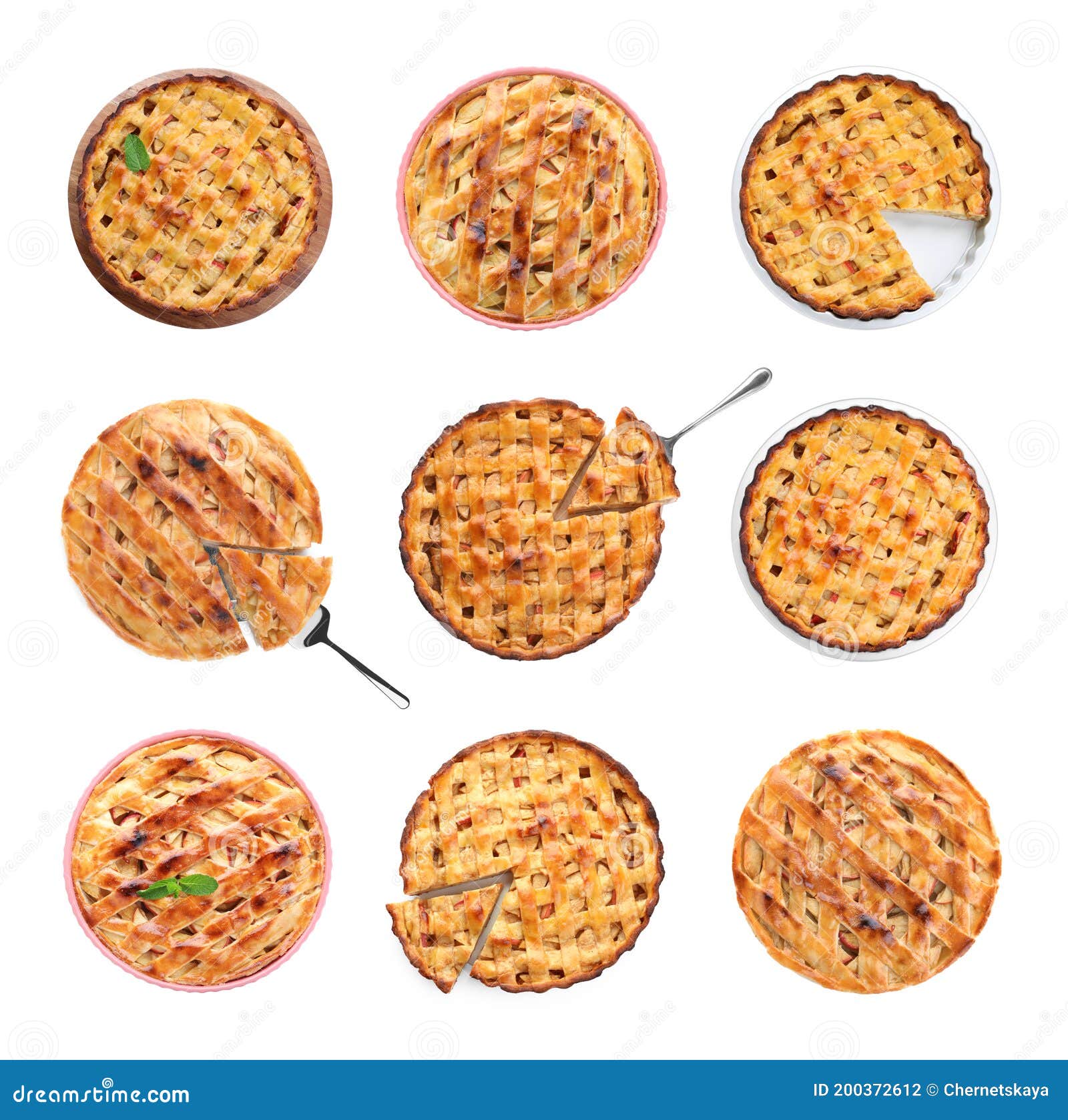 Set of Traditional Apple Pies on White Background, Top View Stock Photo Image of food, cooking