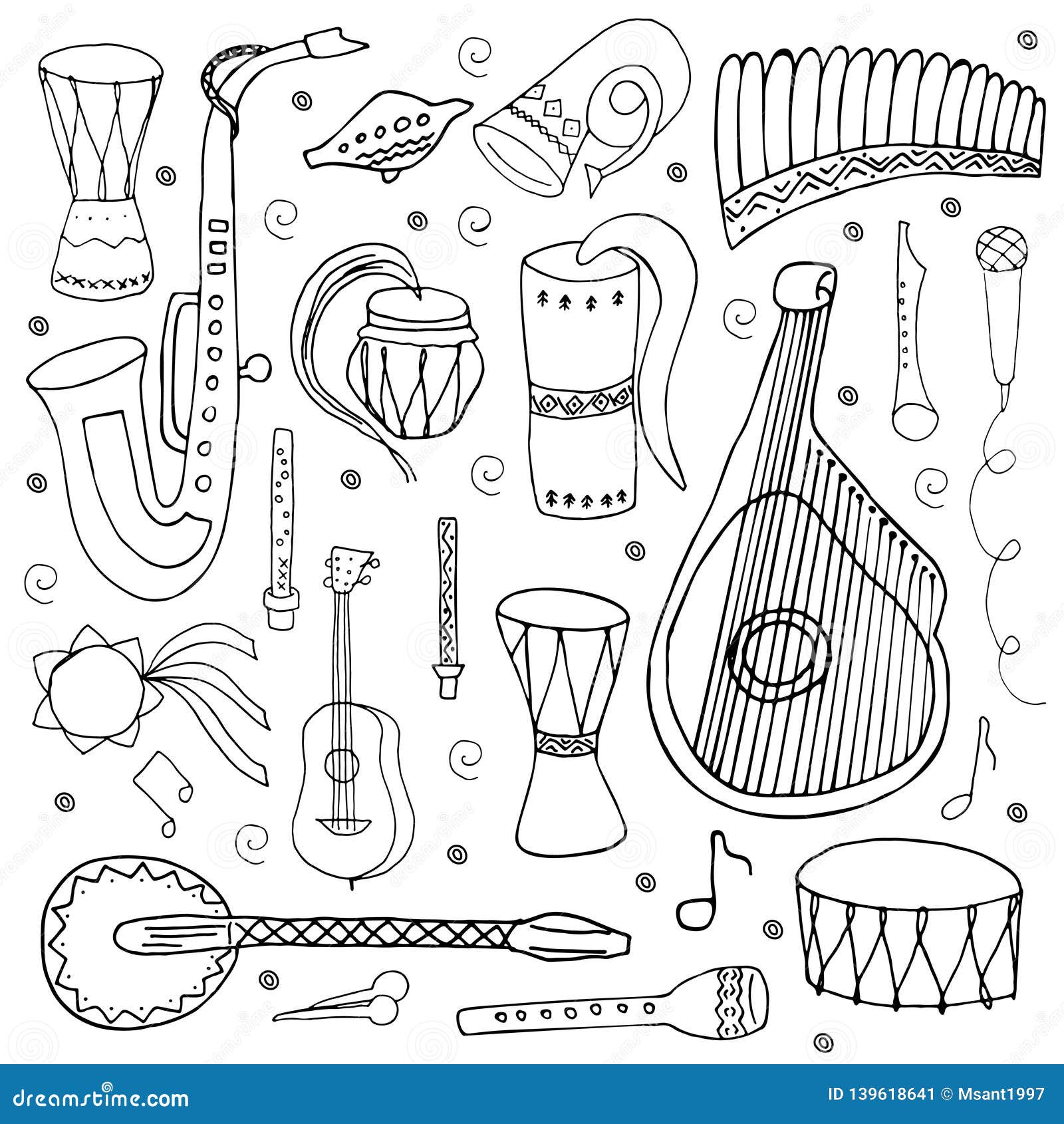 Doodle music instruments. Hand drawn doodle music instruments and objects.  | CanStock