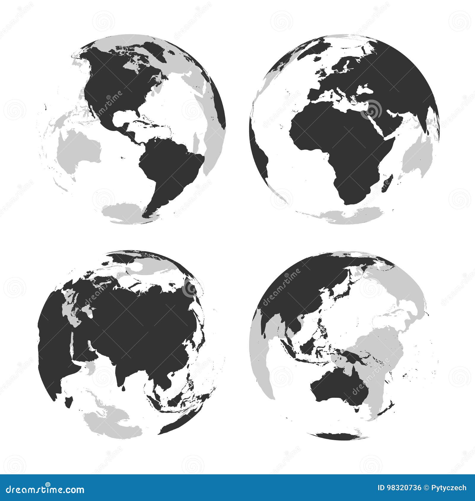 Set Of Transparent Earth Globes With Grey Land Silhouette Map Vector