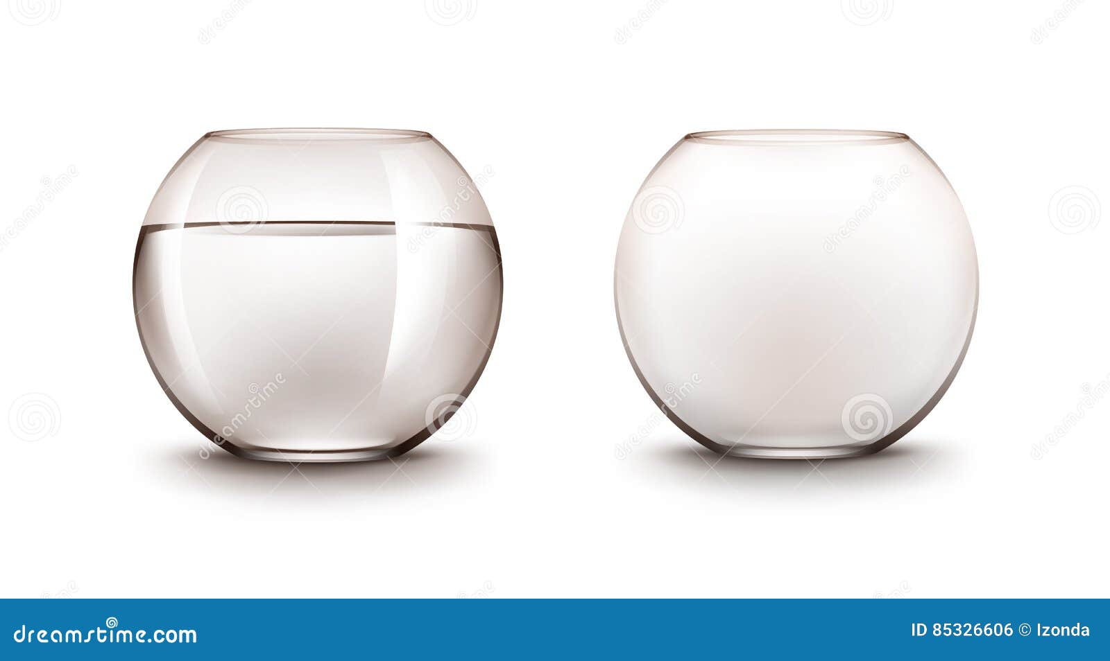 set of transparent glass fishbowls aquariums with water without fish