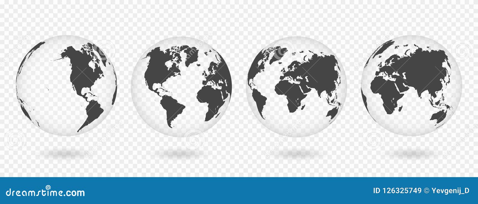 set of transparent globes of earth. realistic world map in globe  with transparent texture and shadow