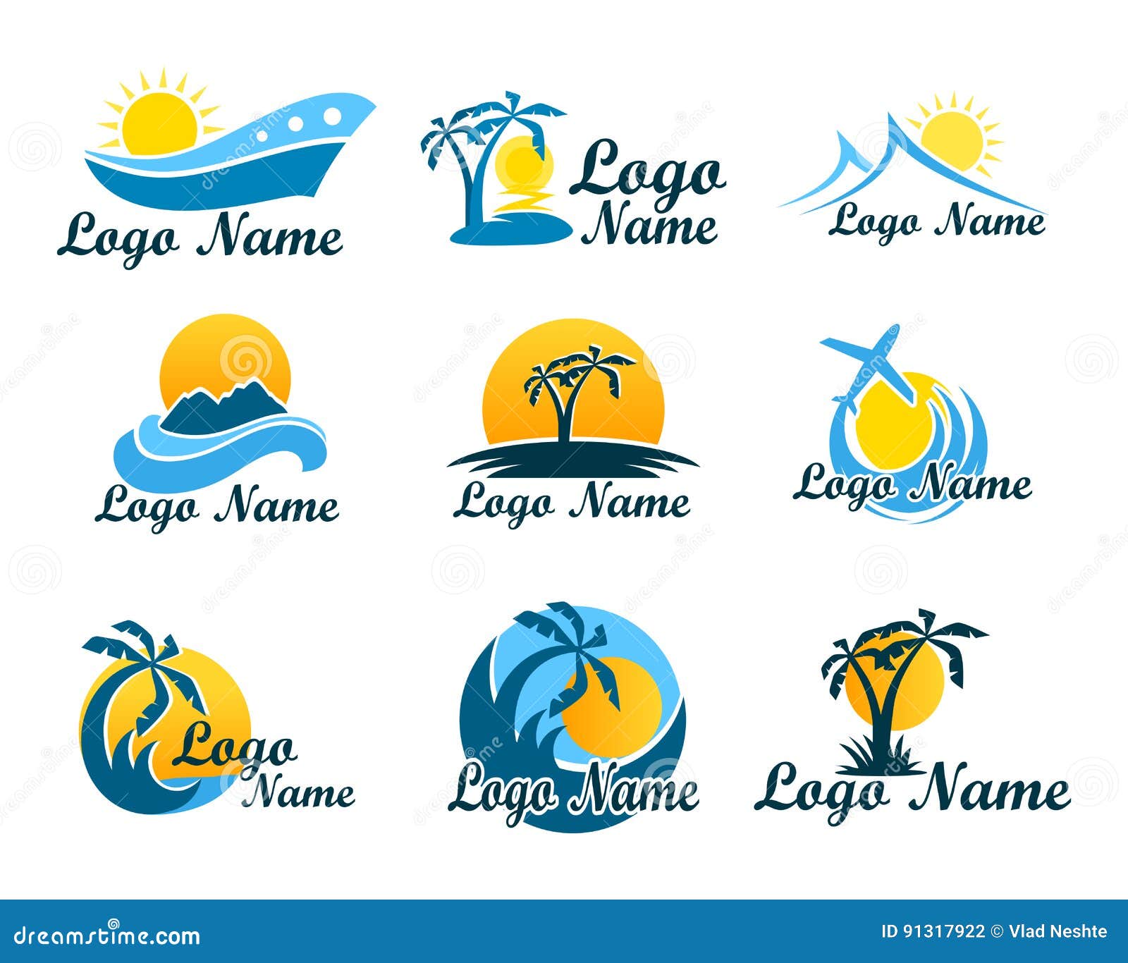 set of travel agency logos. a  of vacation, travel and recreation in warm countries. logo with palm trees, island