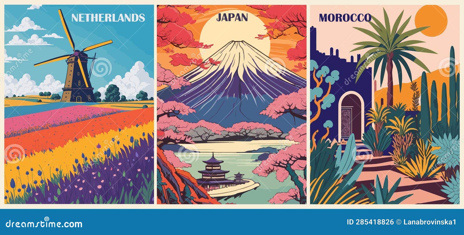 set of travel destination posters in retro style.
