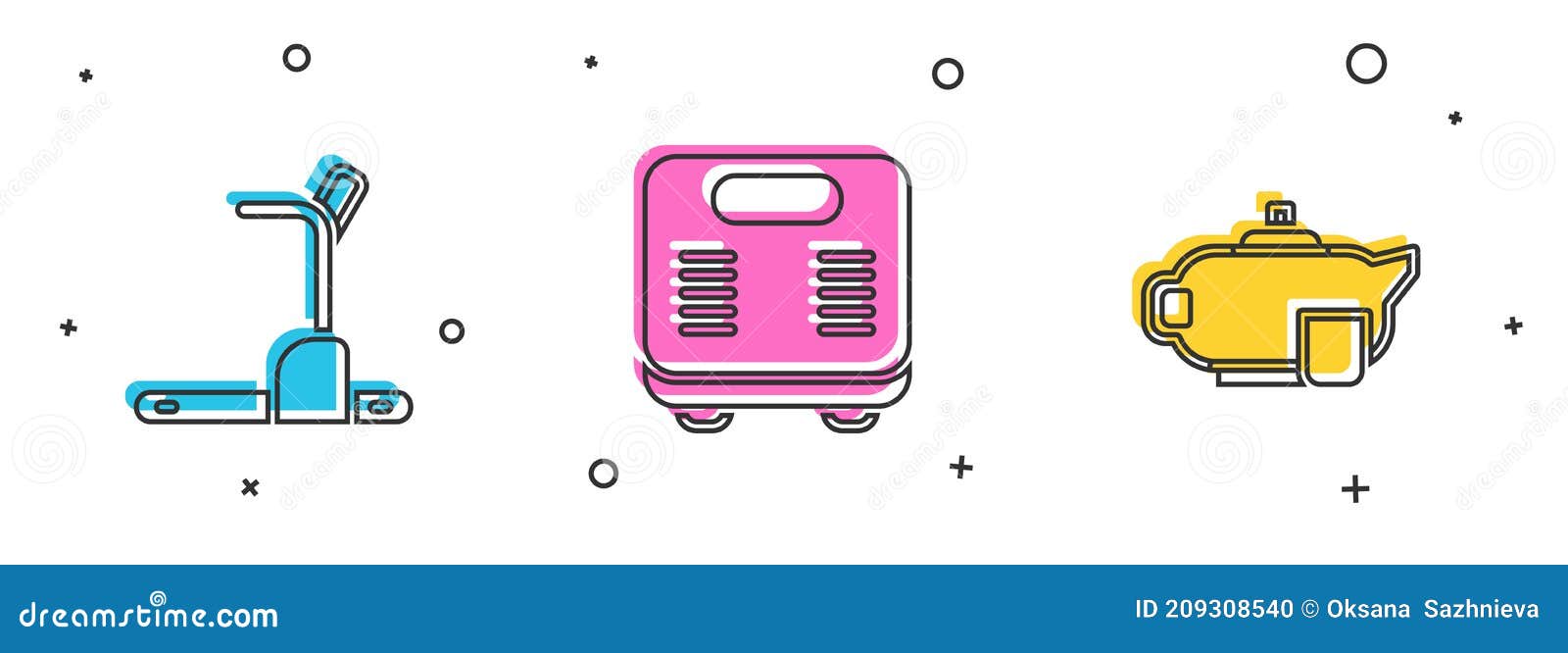 Set Treadmill Machine, Bathroom Scales and Teapot with Cup Icon. Vector
