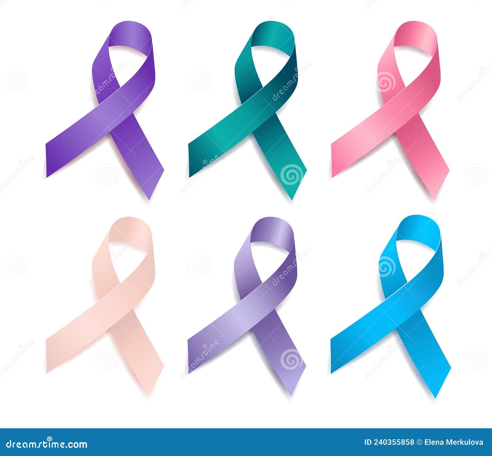 set of tree ribbon awareness gynecologic cancer. cervical, ovarian, vaginal, vulvar, uterine, endometrial cancer