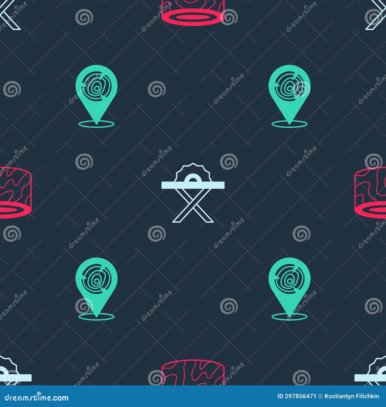 Set Tree Stump, Electric Circular Saw and Wooden Logs on Seamless