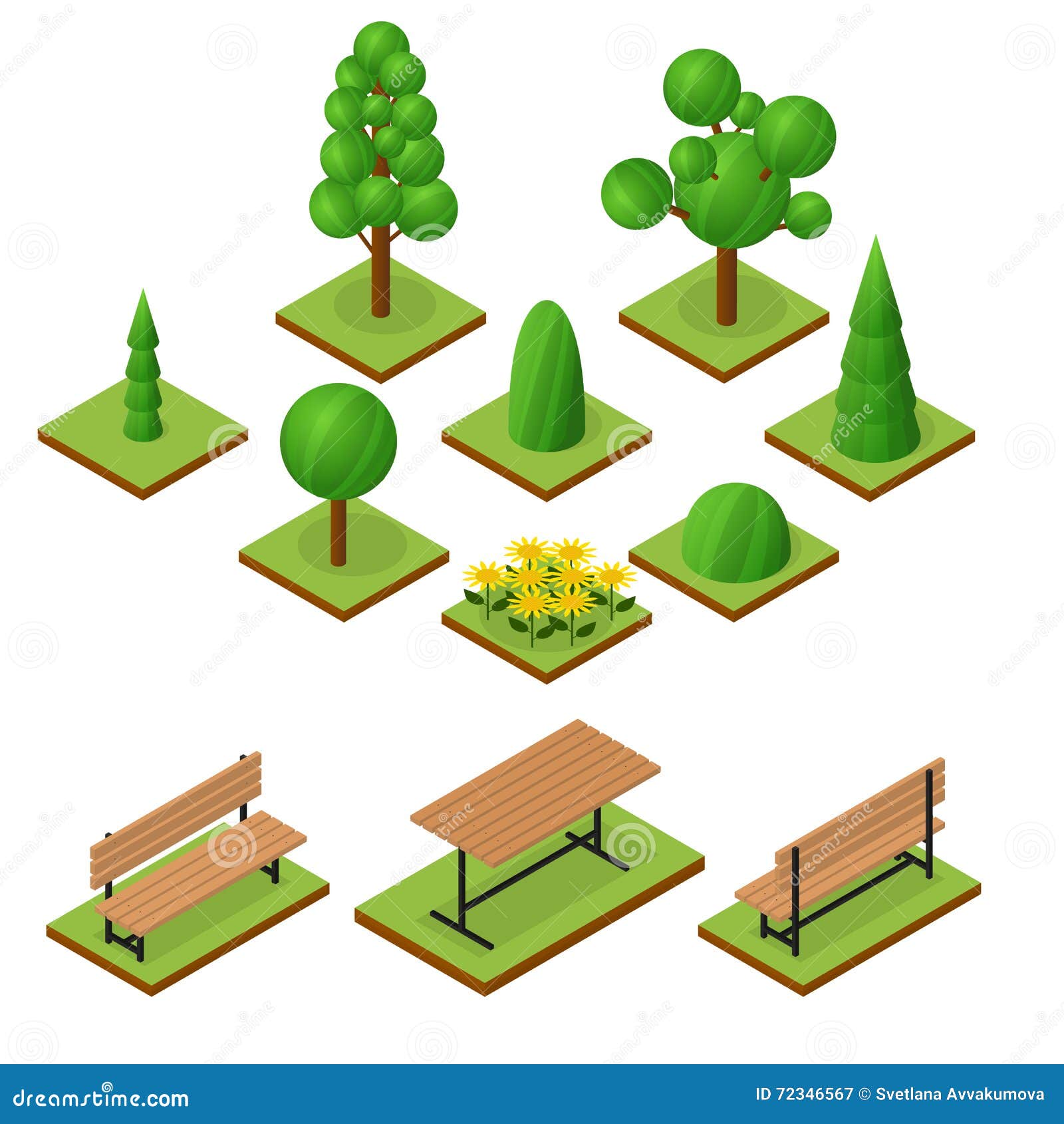 Set Of Trees And Bushes In Isometric View Stock Vector 