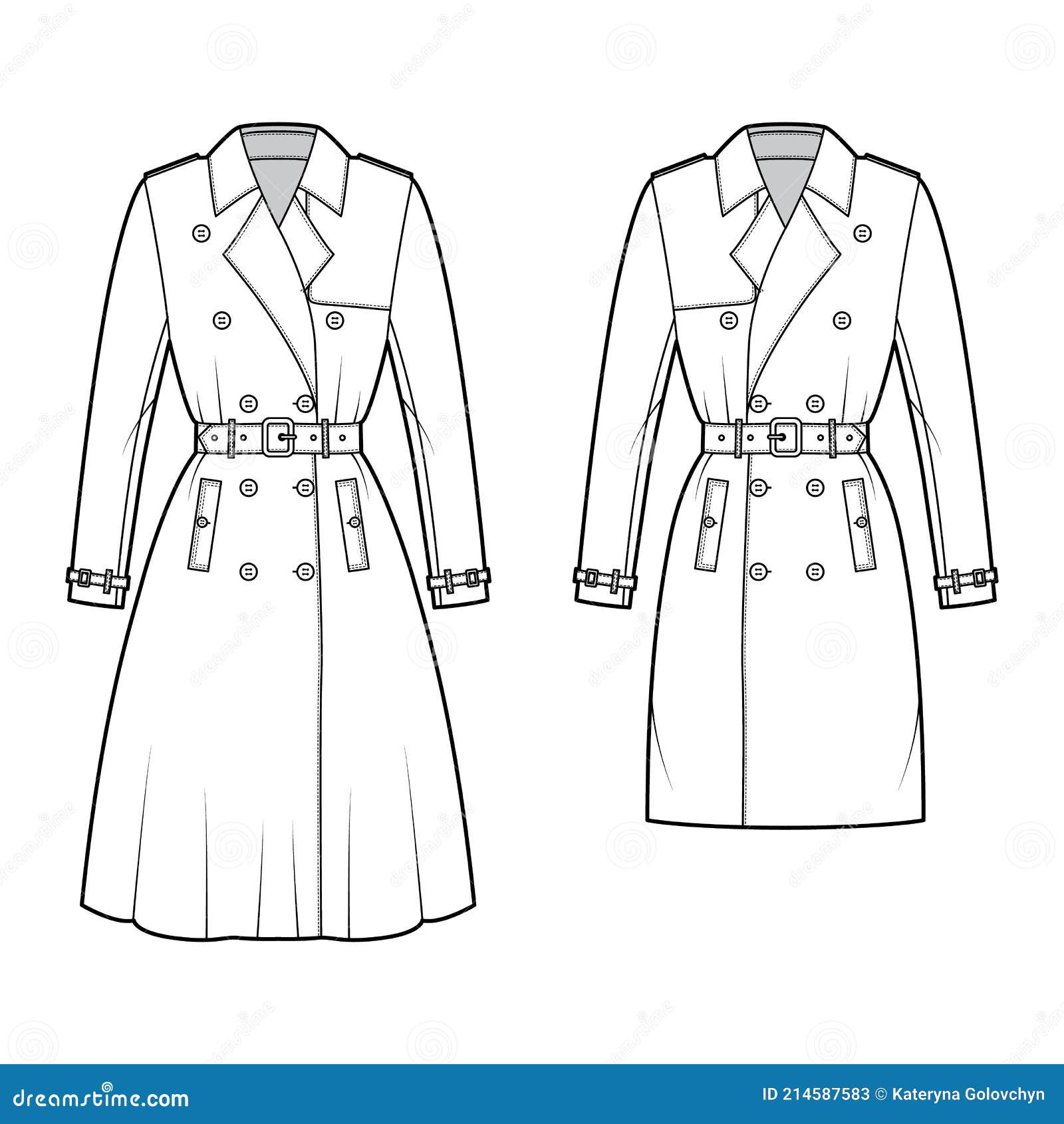 Set of Trench Coats Technical Fashion Illustration with Belt, Double ...